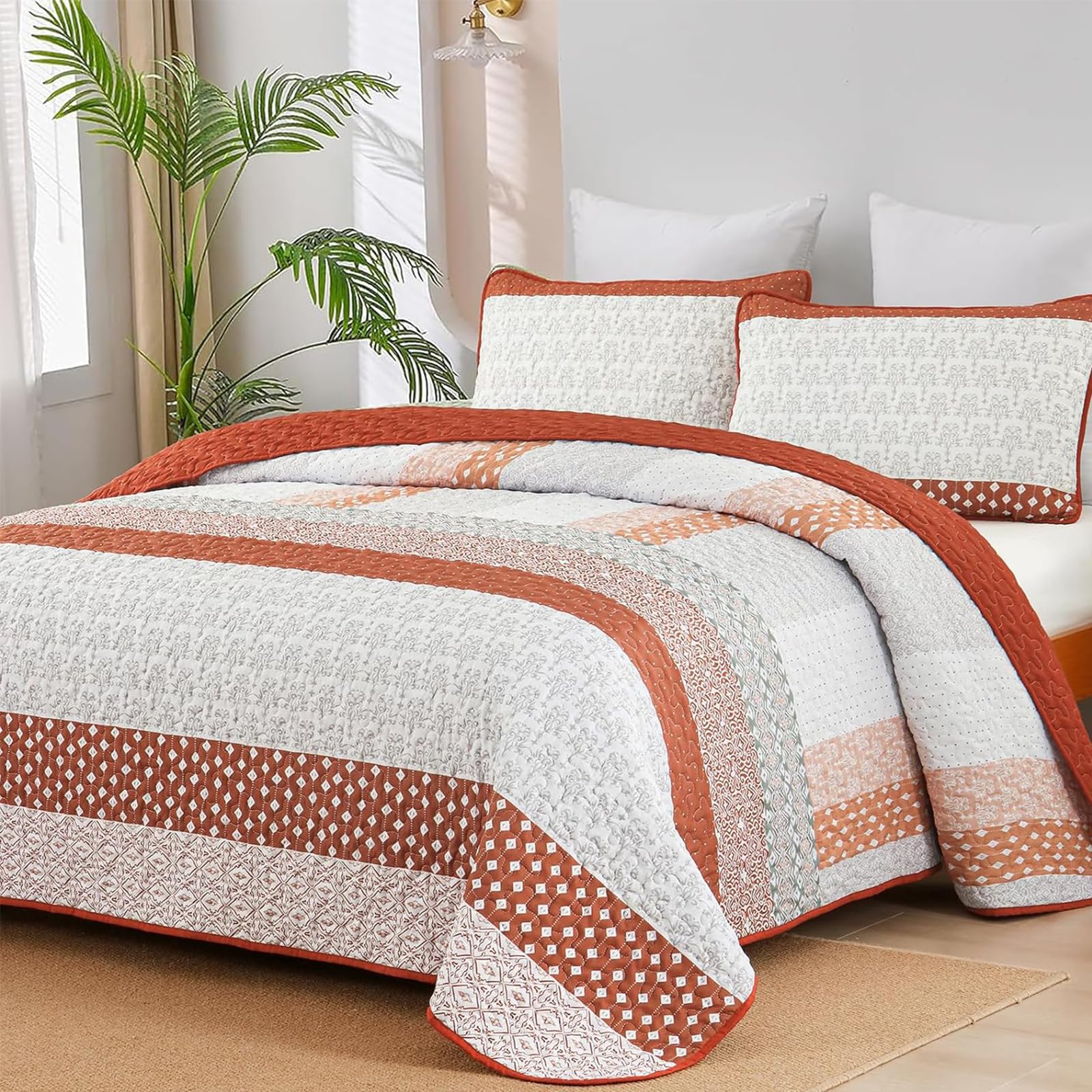 WONGS BEDDING Boho Quilt Set Queen, Stripe Bedspread Sets, Burnt Orange