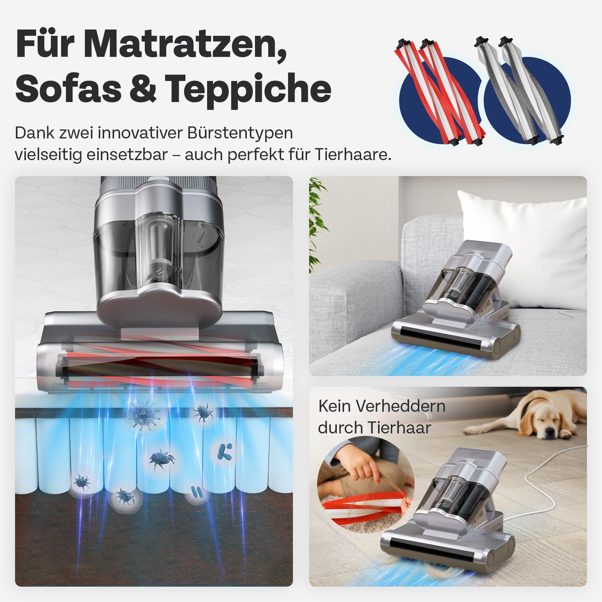 Miteguard Aspiratore per materassi e imbottiture con 2 spazzole speciali – Luce UV, dispositivo ad ultrasuoni & aria calda a 60 °C, detergente per materassi, tettarella contro acari della polvere