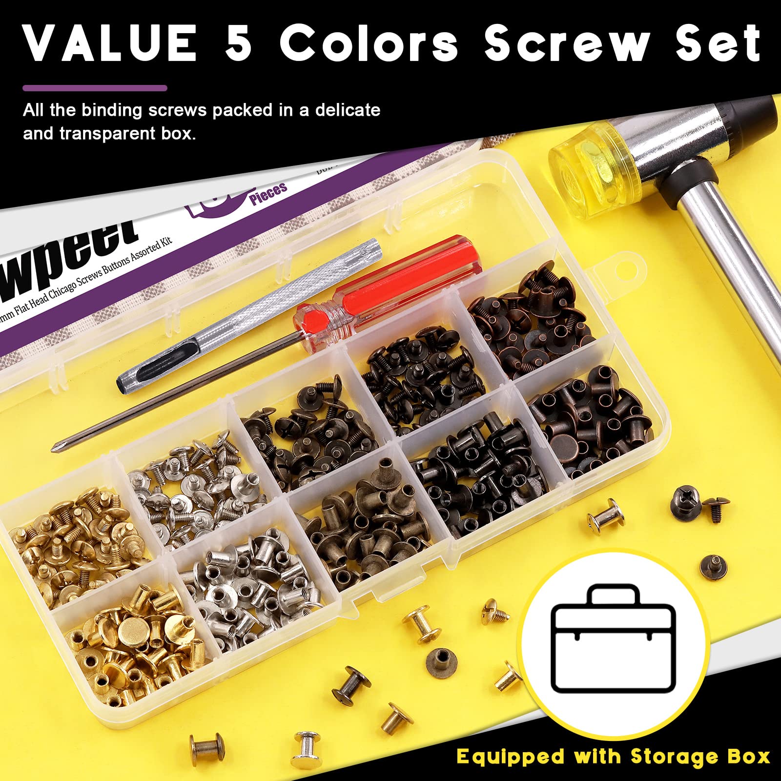 Swpeet 150 Sets 25/64 Inch 5 Colors Round Flat Head Chicago Screws and Hole Punch with Screwdriver Assortment Kit - Image 3