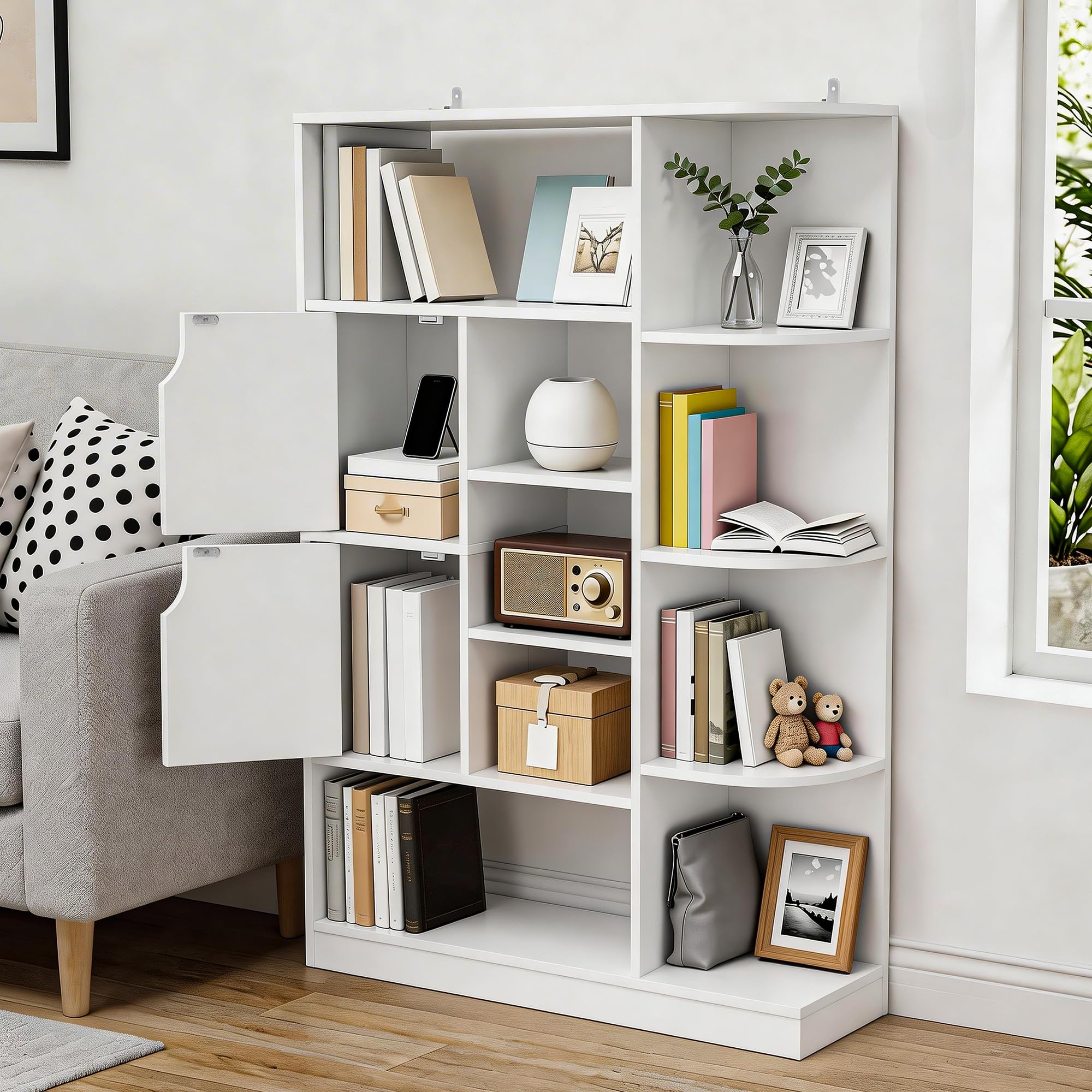 YITAHOME Librería Independiente con 9 estantes Abiertos y 2 Puertas (tapizada) para salón, Dormitorio u Oficina, Blanco, 80 × 24 × 120 cm (Ancho × Profundidad × Alto)