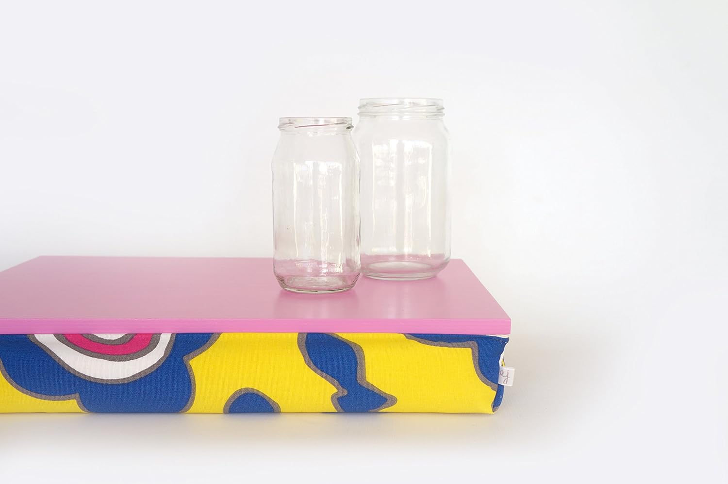 Kids room sofa tray, laptop stand bright pink tray with Yellow and blue printed Pillow