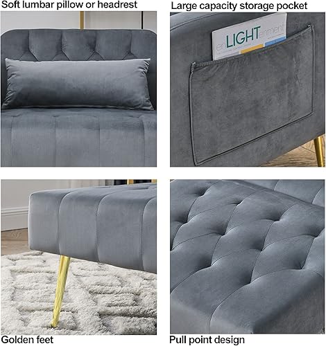 Miniatura 5 de TRIPLE TREE Silla diván de terciopelo sofá cama convertible con respaldo ajustable y almohada sillón reclinable individual con otomana silla