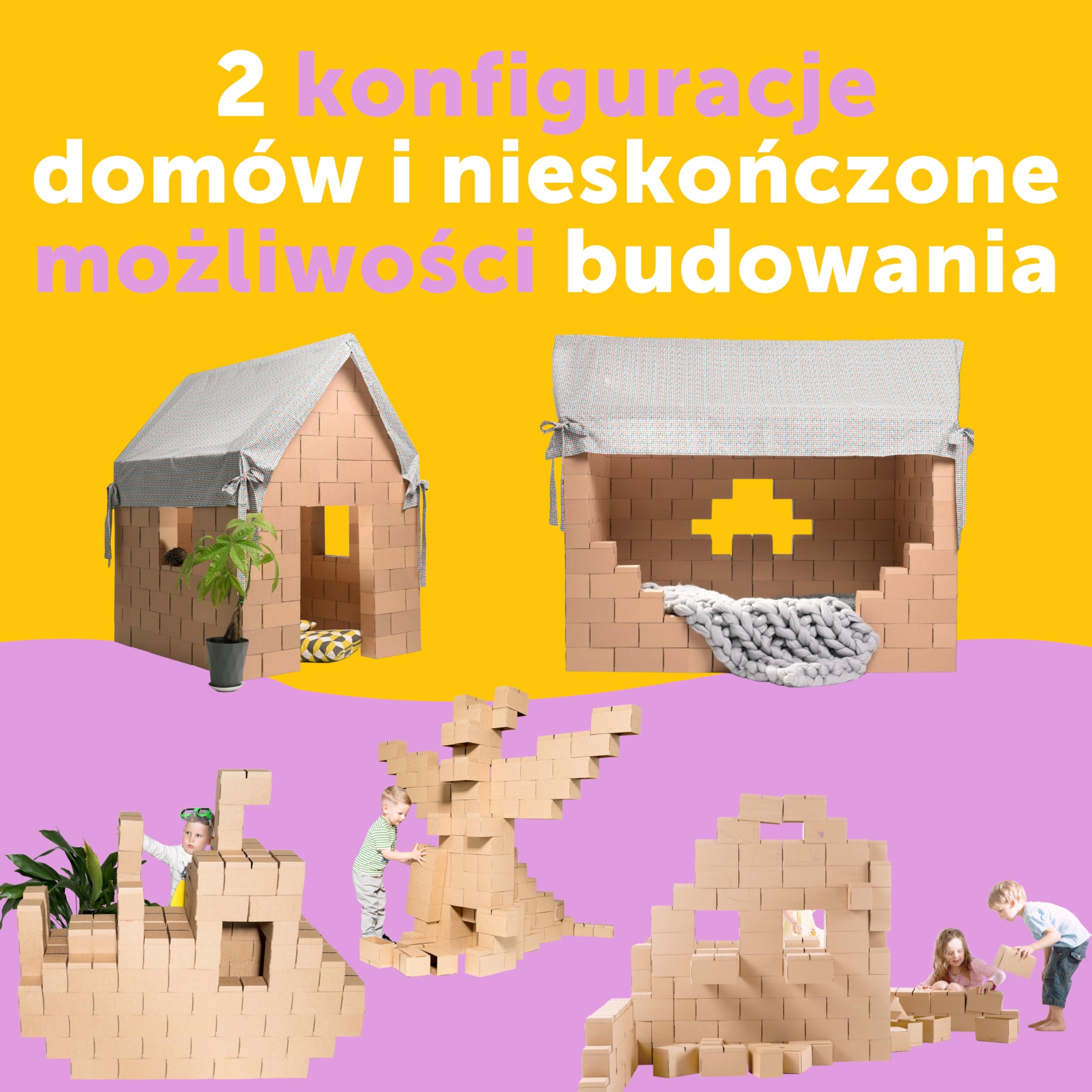 GIGI Bloks | Klocki konstrukcyjne XXL | Składany domek dla dzieci, łóżko z daszkiem z kartonów, zestaw dużych bloczków do budowania wież i zamków | 203 klocki | Łatwy montaż | Idealny prezent