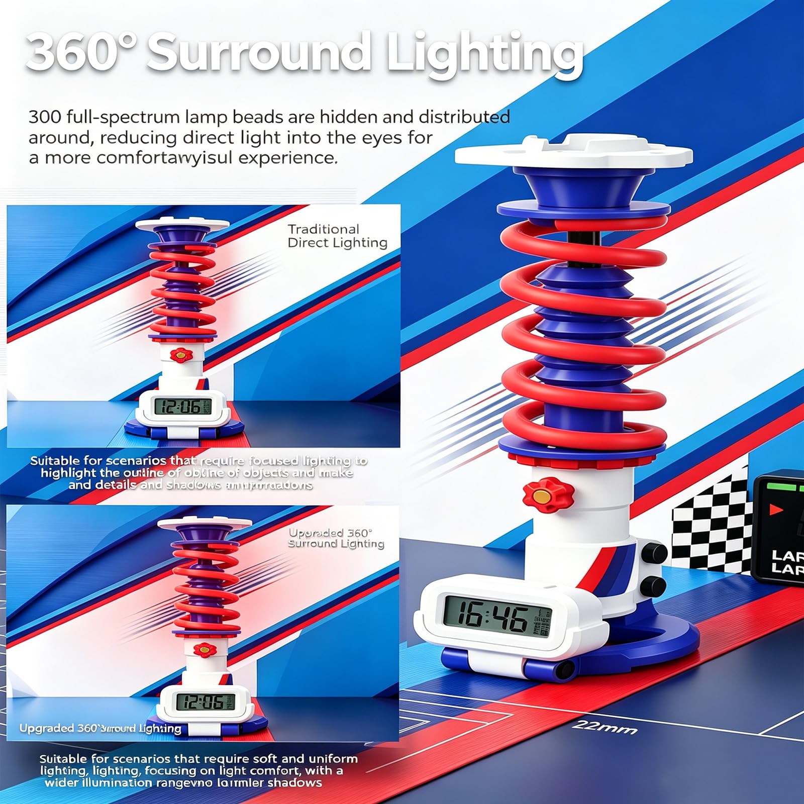 Lámpara De Escritorio Led con Forma De Amortiguador, con Reloj Digital, Regulable Mediante Tacto, Iluminación Envolvente De 360°, Lámpara Decorativa para Videojuegos, A