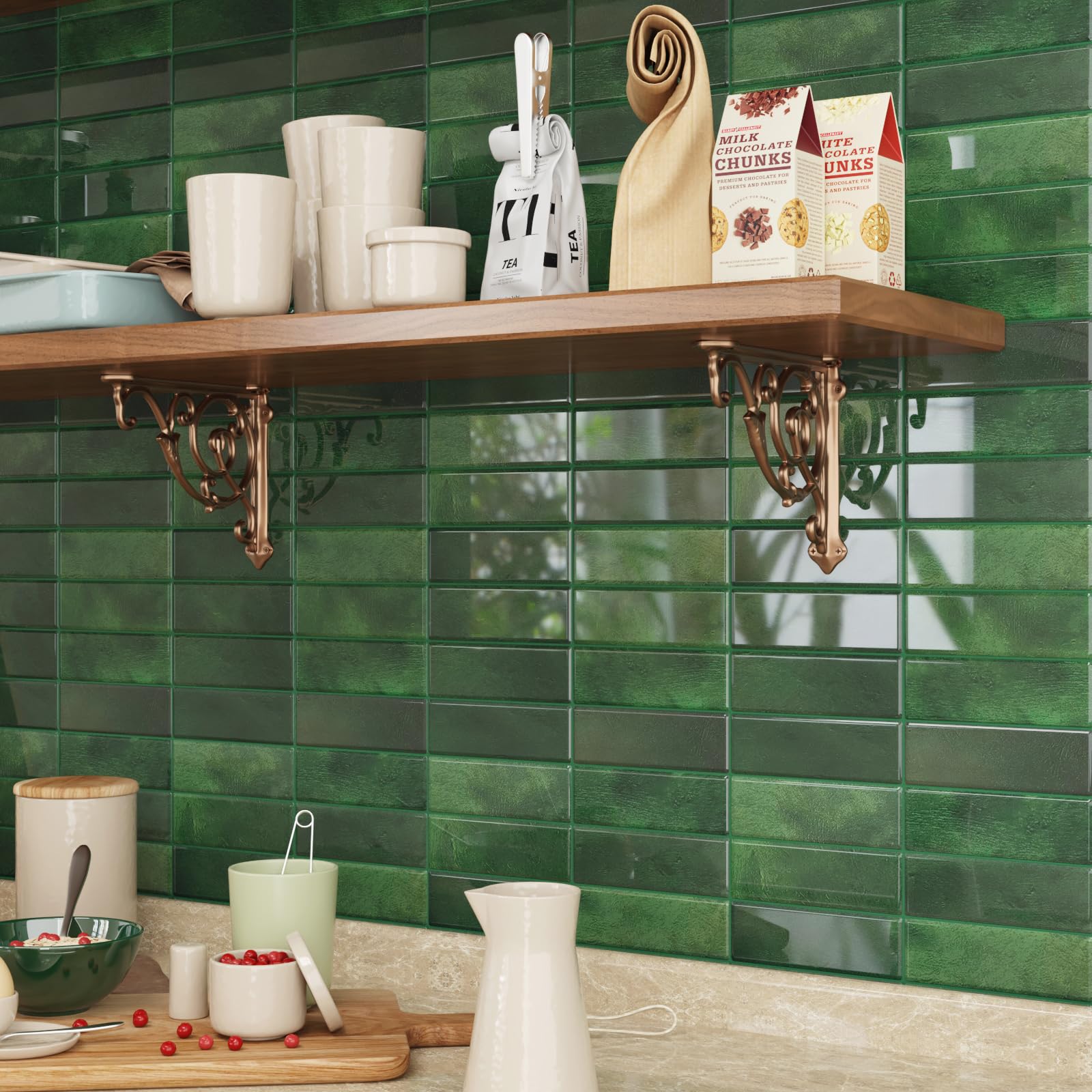 CRE8TIVE 16 Pezzi Piastrelle Adesive Effetto Marmo Verde Mattonelle Adesive Cucina Autoadesiva Rettangolare Paraschizzi Cucina Piastrelle Adesive Bagno Impermeabile per Lavanderia 30.5cm x 30.5cm