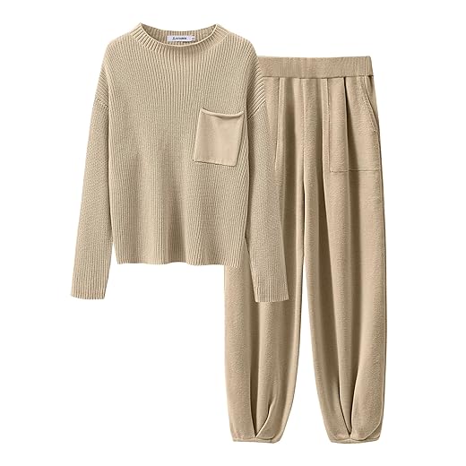 ANRABESS Women's Two Piece Outfits Sweater Sets Long Sleeve Knit Pullover Tops Casual Pants Soft Travel Matching Sets Loungewear 2023 Fall Fashion Clothes 1082kaqi-M Khaki