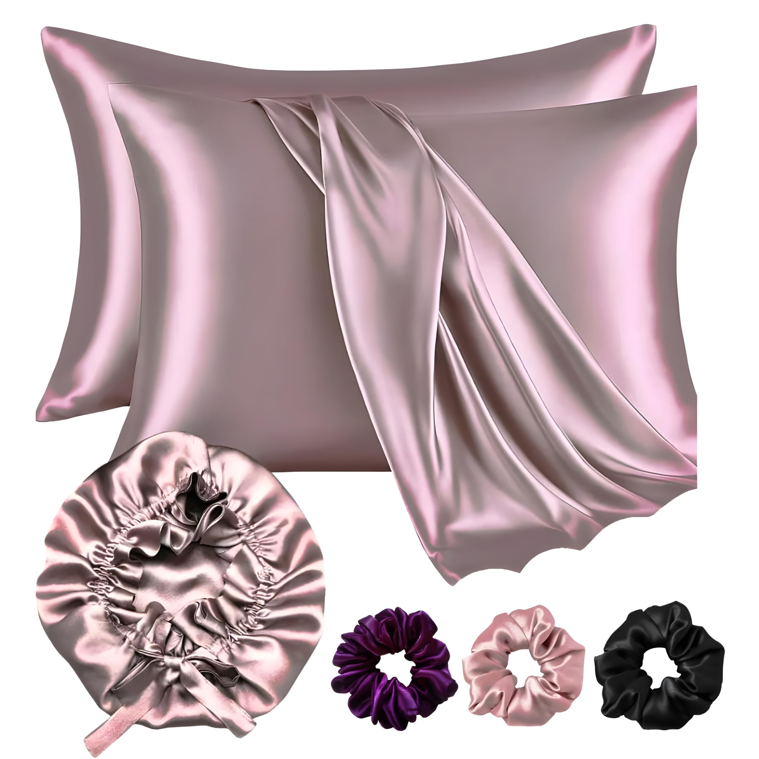 Premium Satin Silk Pillow Covers for Hair and Skin, Pack of 2 Satin Pillow Cover with 3 Satin Scrunchies and Bonnet for Women, Best Gift Combo, Silk Pillow Covers with Envelope Closure (Multicolor)