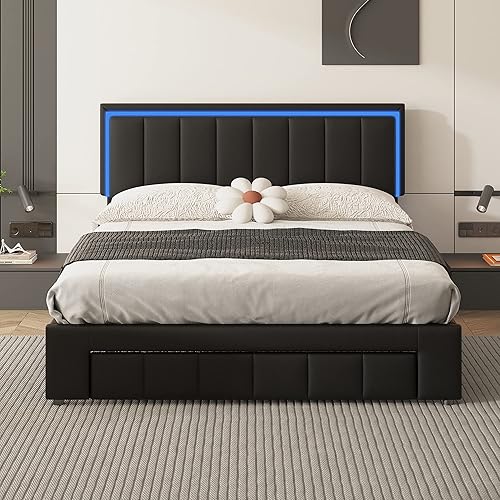 Miniatura 10 de CNANXU Cama tapizada con luces LED y 2 luces nocturnas activadas por movimiento marco de cama de almacenamiento tamaño Queen con cajones base de
