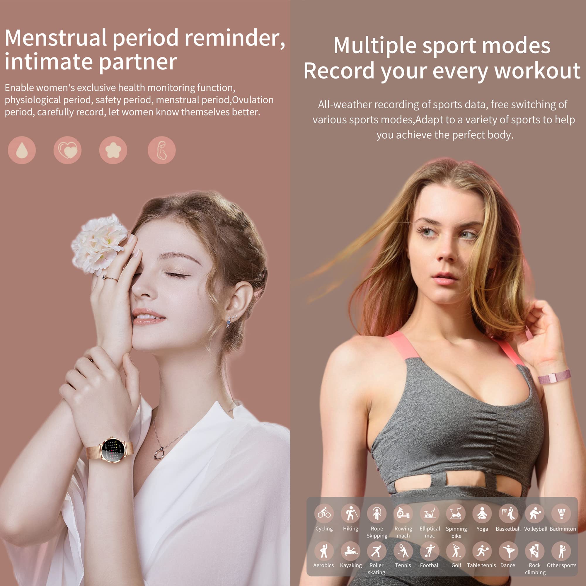 Montre Connectée Femmes IP67 Etanche Smartwatch Sport avec Moniteur Sommeil Fréquence Cardiaque, 22 Modes Sport, Podomètre pour Android iOS