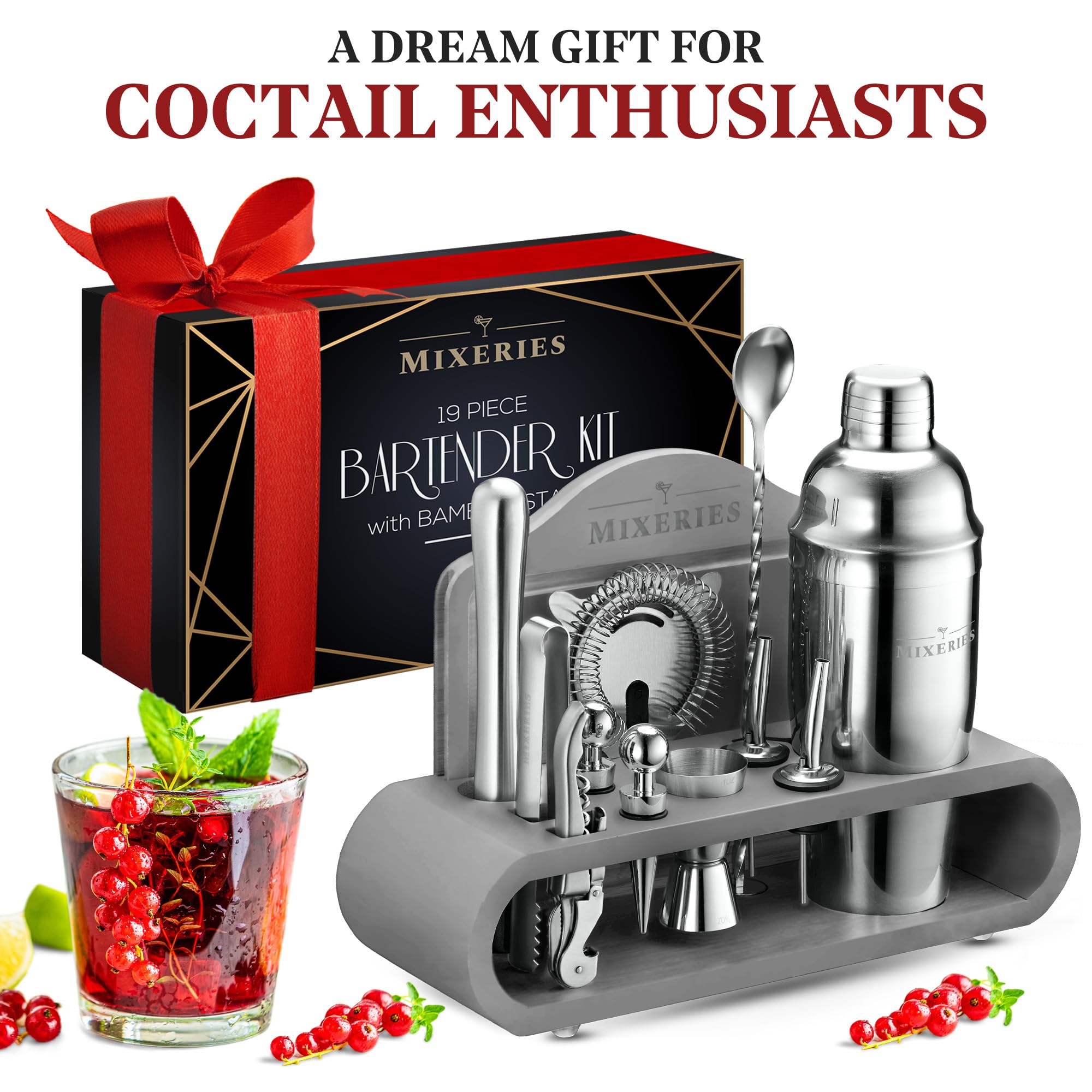 Mixeries Mixology Barkeeper-Set mit Ständer, 18-teiliges Bar-Set, Cocktail-Shaker-Set, Getränkemixer-Set für Hausbar mit allem Bar-Zubehör, Bar-Werkzeug-Set, Cocktail-Kit, Mixologie-Set, Bar-Kit (Grau