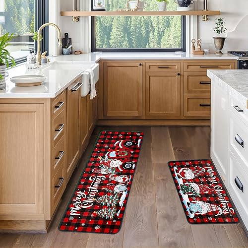 Miniatura 4 de ABONDEVER Juego de 2 alfombras de cocina de Navidad, diseño a cuadros de búfalo, antifatiga, antideslizantes, lavables, para el suelo de la cocina