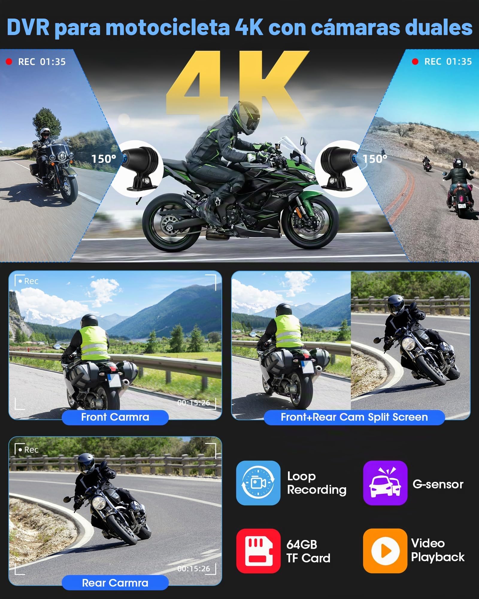 2025 4K Carplay Moto Android Auto Pantalla Carplay 6,25 Pulgadas con Navegador Moto Doble Cámara, GPS Moto con WiFi, Navegación GPS, Control Remoto, Bluetooth, Tarjeta TF 64G