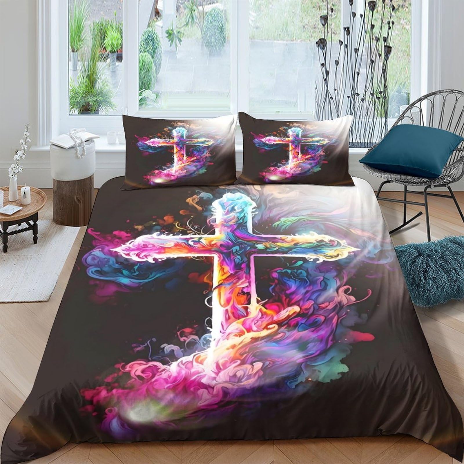 3D Printed spiritual cross art Comforter Cover Breathable Fabric vibrant abstract Duvet Cover Hypoallergenic Shrink Resistant for University Dorm Student Bedroom Use Double（200x200cm）