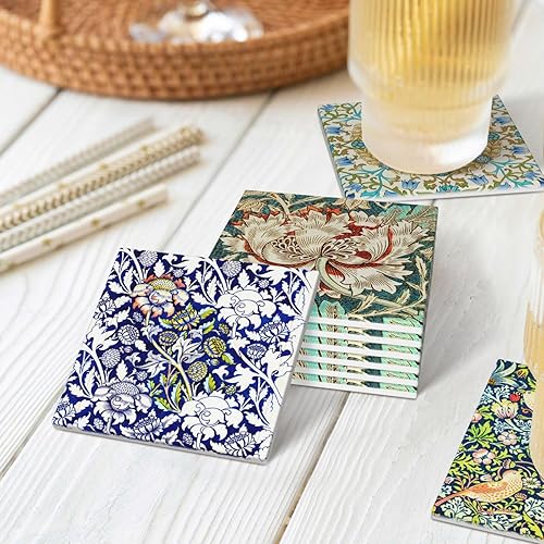 Miniatura 9 de William Morris - Juego de 6 posavasos absorbentes con soporte, decoración de mesa auxiliar, posavasos de piedra de cerámica con base de corcho,