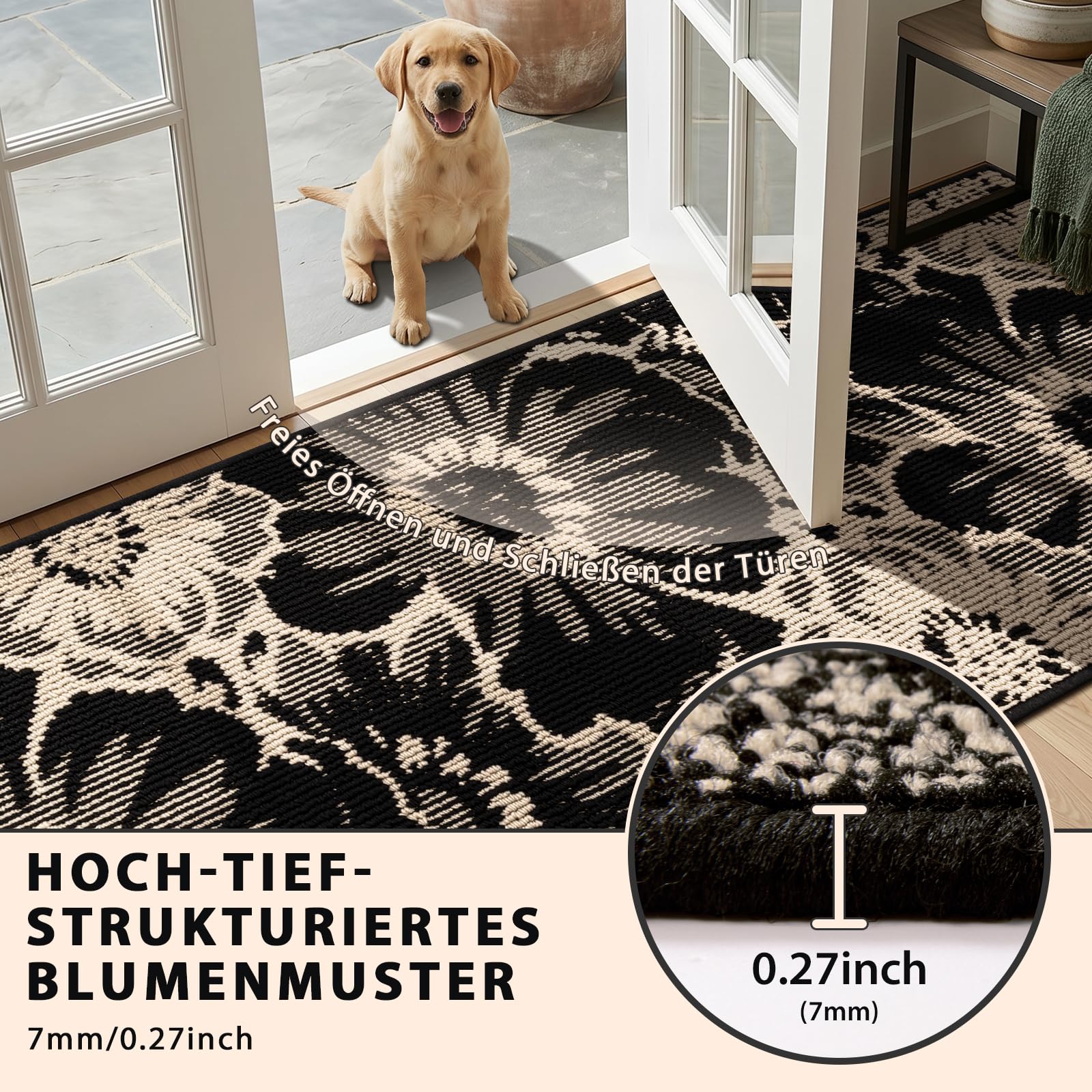 Läufer Flur Langer rutschfest, Teppich Läufer Waschbar, 80x300cm | Schwarz & Beige, Absorbierend Küchenteppich, Polypropylen, Perfekt für Küche, Eingang, Esszimmer Waschküche
