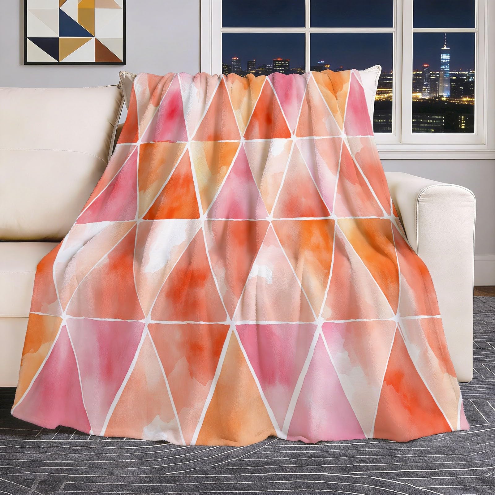 Couverture en flanelle 150x200 cm rose et orange à motif triangle dégradé pour lit et canapé