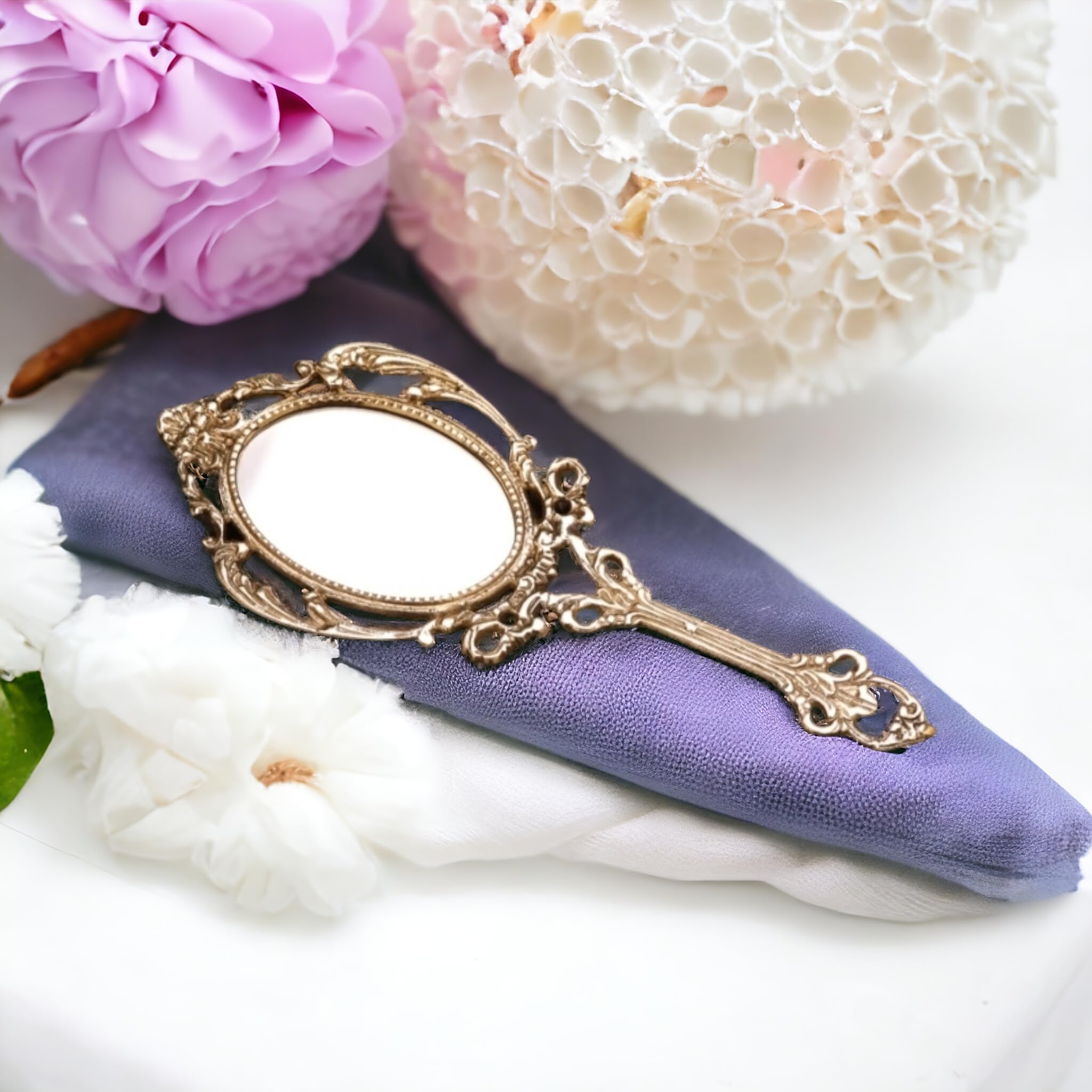 Presents Brass Hand-held Mirror with Handle Vintage Compact Vanity, Makeup Mirror Pure Brass Mirror for Personal Makeup Vanity Portable Travel Mirror (23 X 9.5 cm) (Gold Oval)-image-6