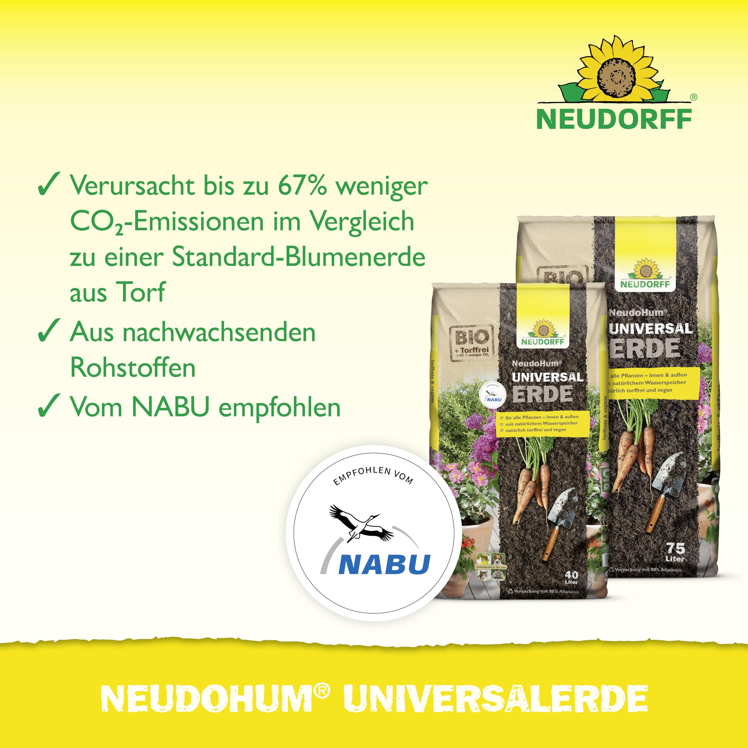 Neudorff NeudoHum UniversalErde 75L Erde torffrei für Balkonpflanzen - Bio Gemüseerde für Balkonpflanzen und Zimmerpflanzen - für bis zu 4 Wochen vorgedüngt