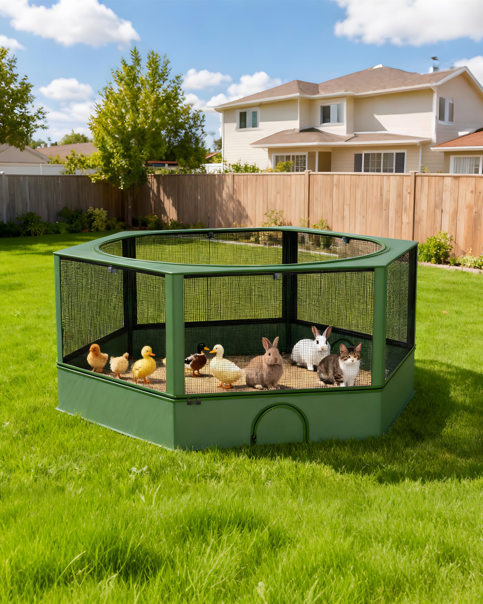 DINMO Kleintiergehege, Freigehege für Kaninchen Meerschweinchen, Haustier-Laufstall mit wasserdichtem Boden für Hamster, Kätzchen, Hühner, für innen und außen, grün und schwarz, 138 x 118 x 58 cm