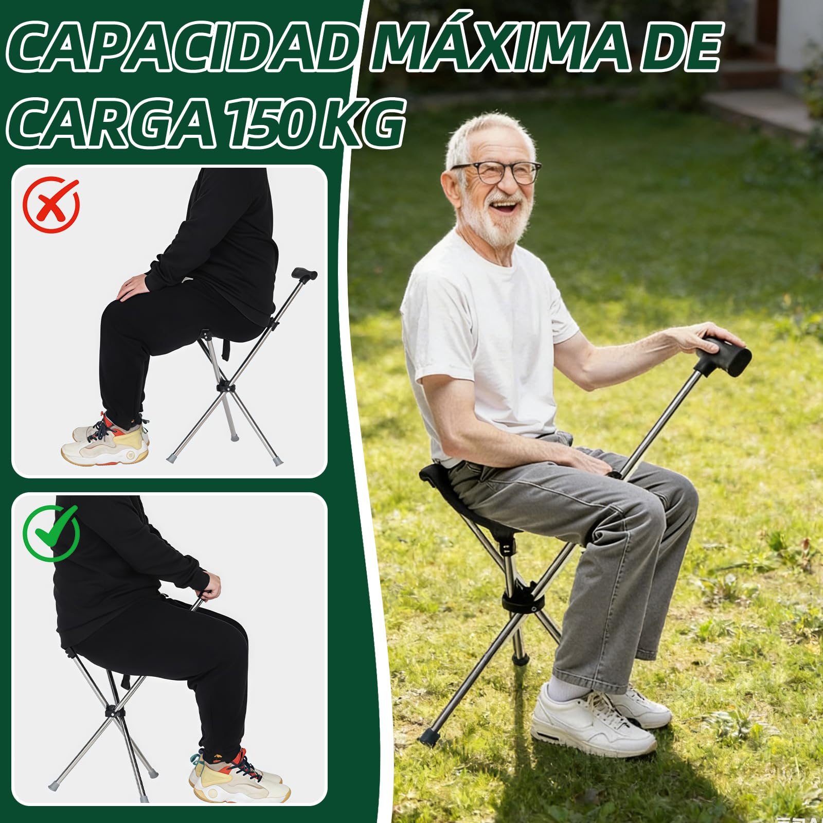Bastón con soporte, 80 – 90 cm, plegable y altura regulable, base de silicona antideslizante, soporta hasta 150 kg, para personas mayores de 140 – 190 cm (negro)