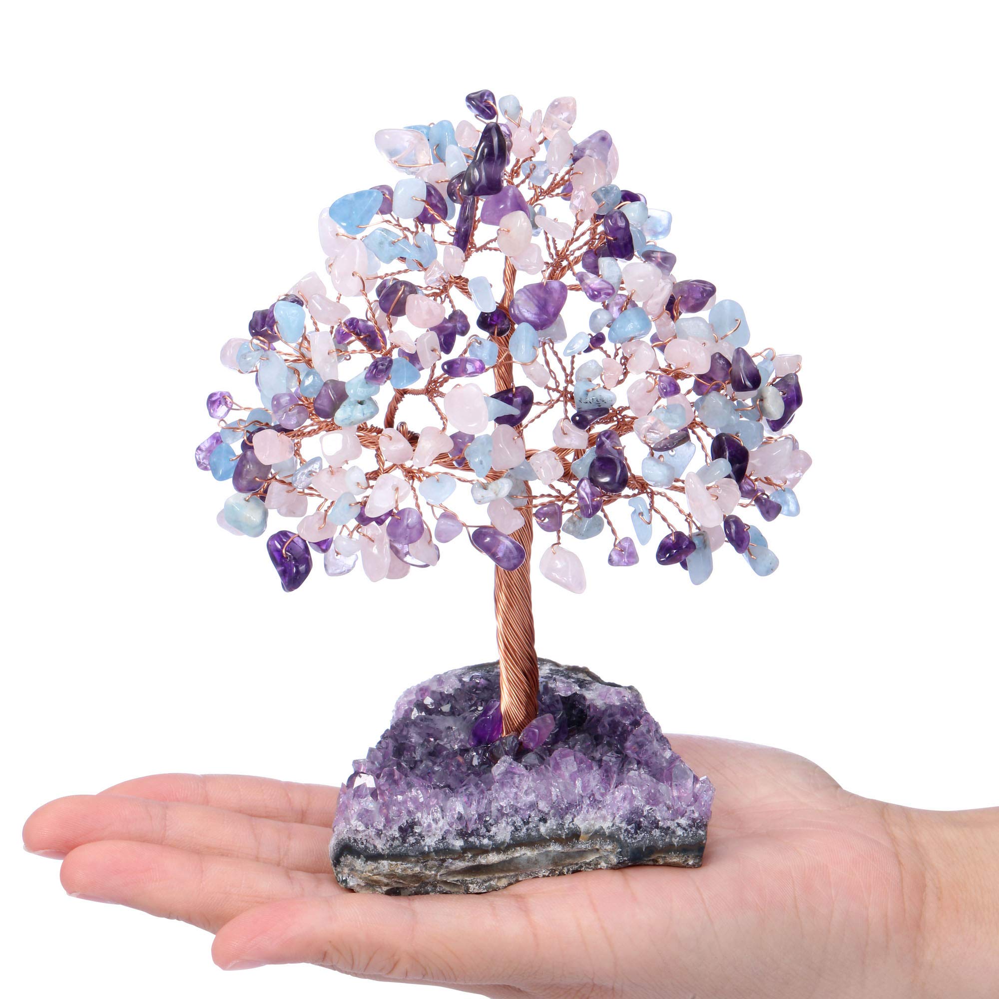 Jovivi Natürlicher Amethyst + Aquamarin + Rosenquarz Heilkristall Geldbaum auf Amethyst Cluster Geode Druzy Base Feng Shui Kristalle für Home Office Schreibtischdekorationen, Reichtum, Glück