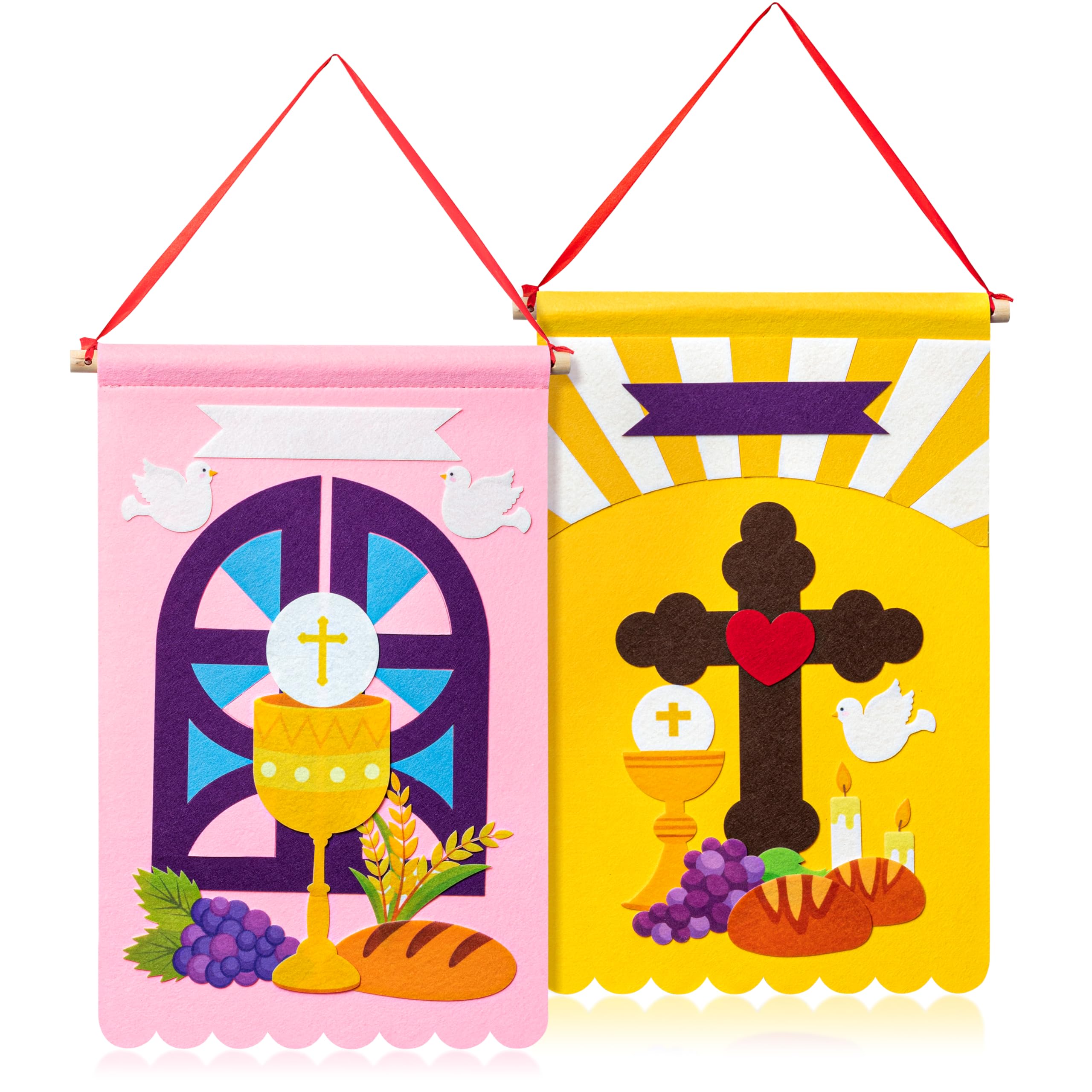 WATINC First Communion Banner Kit - Holy 1st Communion Felt Banner Kit Baptism Christian Cross DIY Craft Decorations, Make Your Own Sunday School Church Hanging Crafts Supplies for Girls Kids (2 Set)