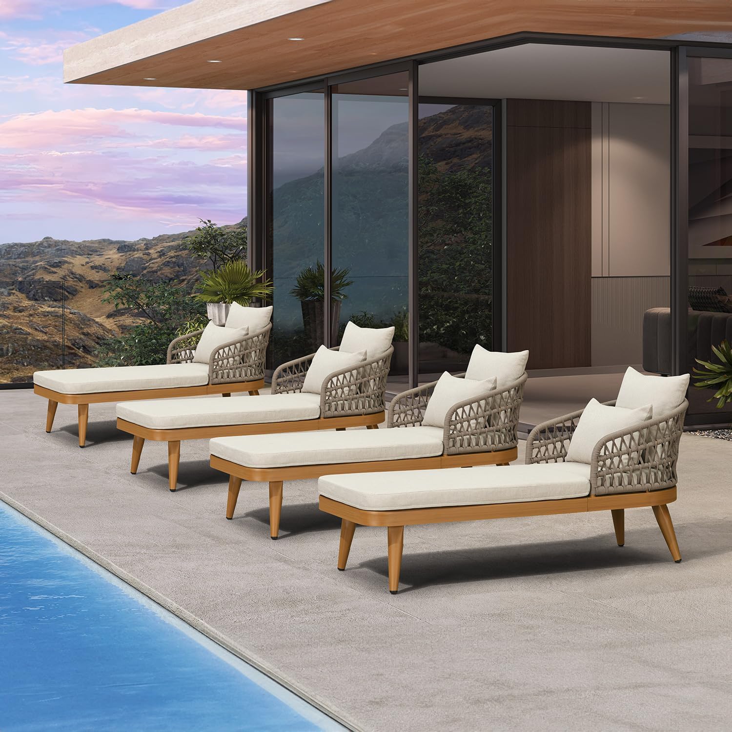 PURPLE LEAF Pool Lounge Chair with Dual Pillows &amp; Thick Cushion Teak