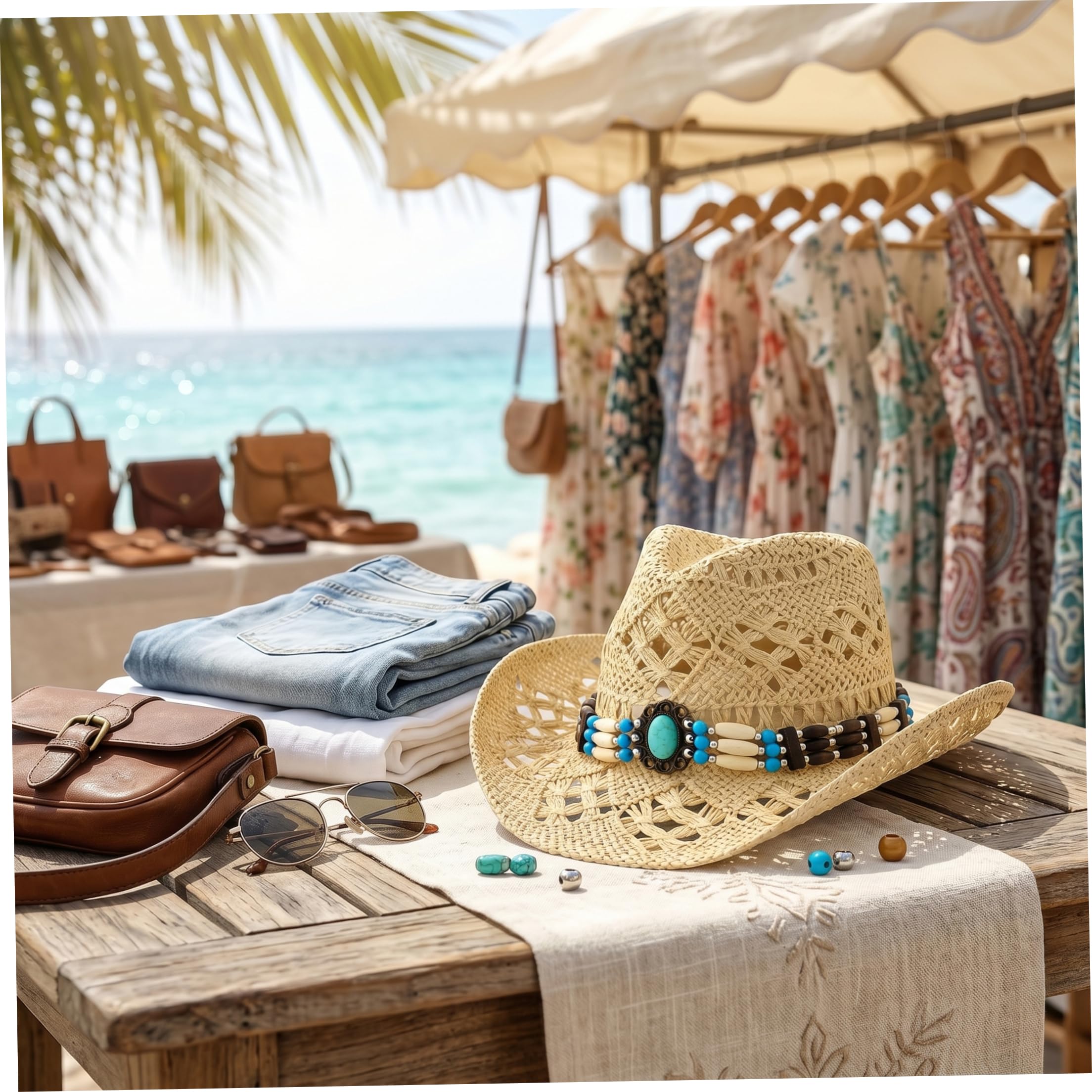 Ausgehöhlter Stroh-Cowgirl-Hut für Damen mit böhmischem Zierband, atmungsaktiver Western-Stroh-Cowboyhut, Größe M (56–58 cm), Sommer-Strandkappe
