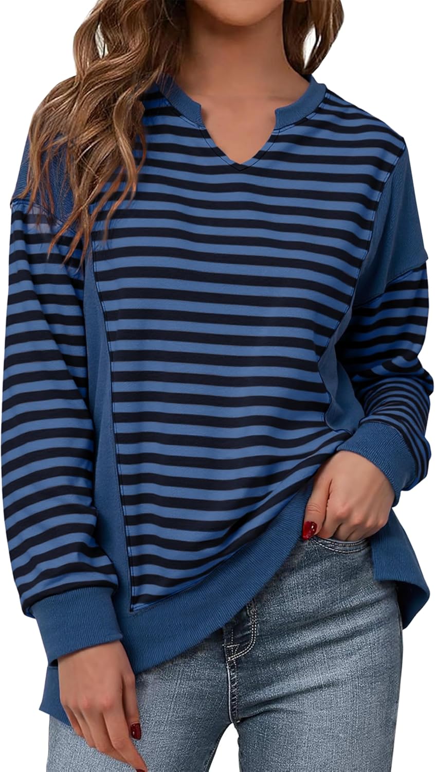 Glamaker Womens Striped Long Sleeve Sweatshirts Loose V Neck Fashion Winter Pullover Outdoor Comfort Fall Trendy Tops 2025