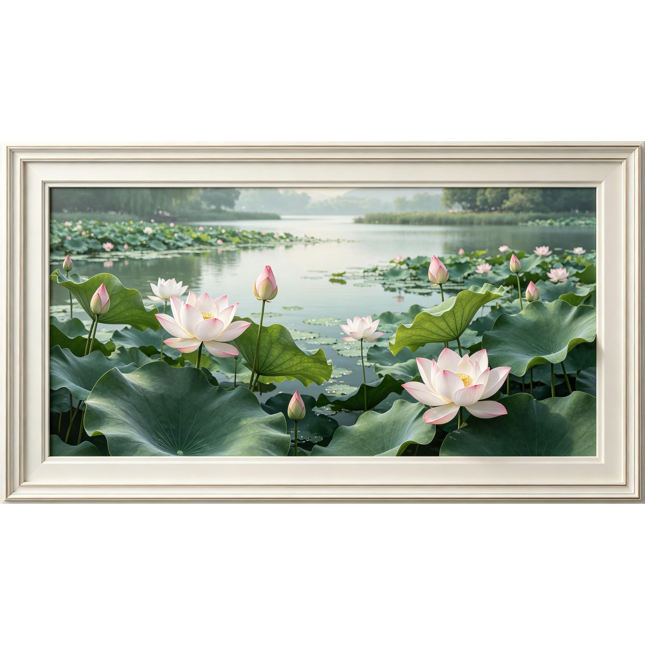 QZLITHOTIC 50×90cm3D Framed Wall Art， Lotus Pond Landscape Botanical Self?Adhesive Mural， Water?Activated Peel & Stick Fabric Decor Wall Decal for Bedroom Living Room