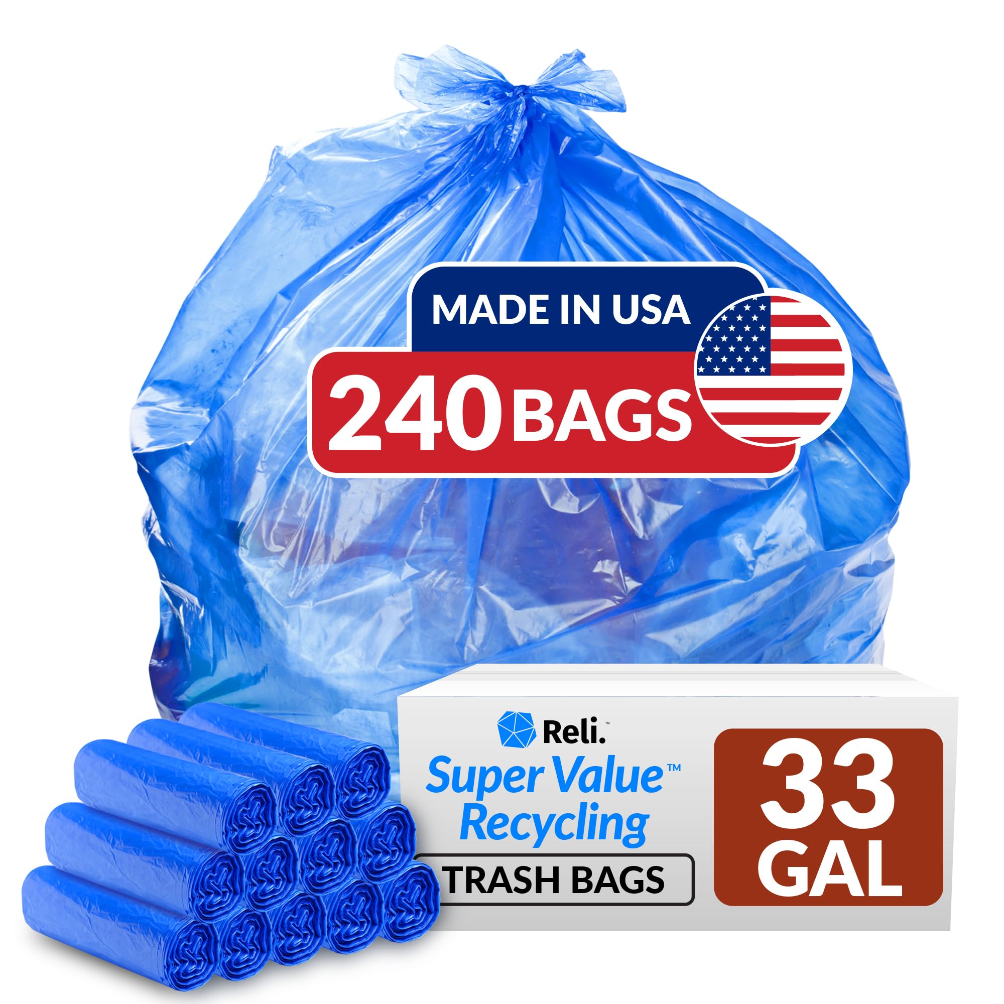 Reli. SuperValue - Bolsas de reciclaje de 33 galones (240 unidades, a granel), fabricadas en los Estados Unidos, bolsas de basura azules, 30-33 galones, reciclaje azul, basura, 33 galones con