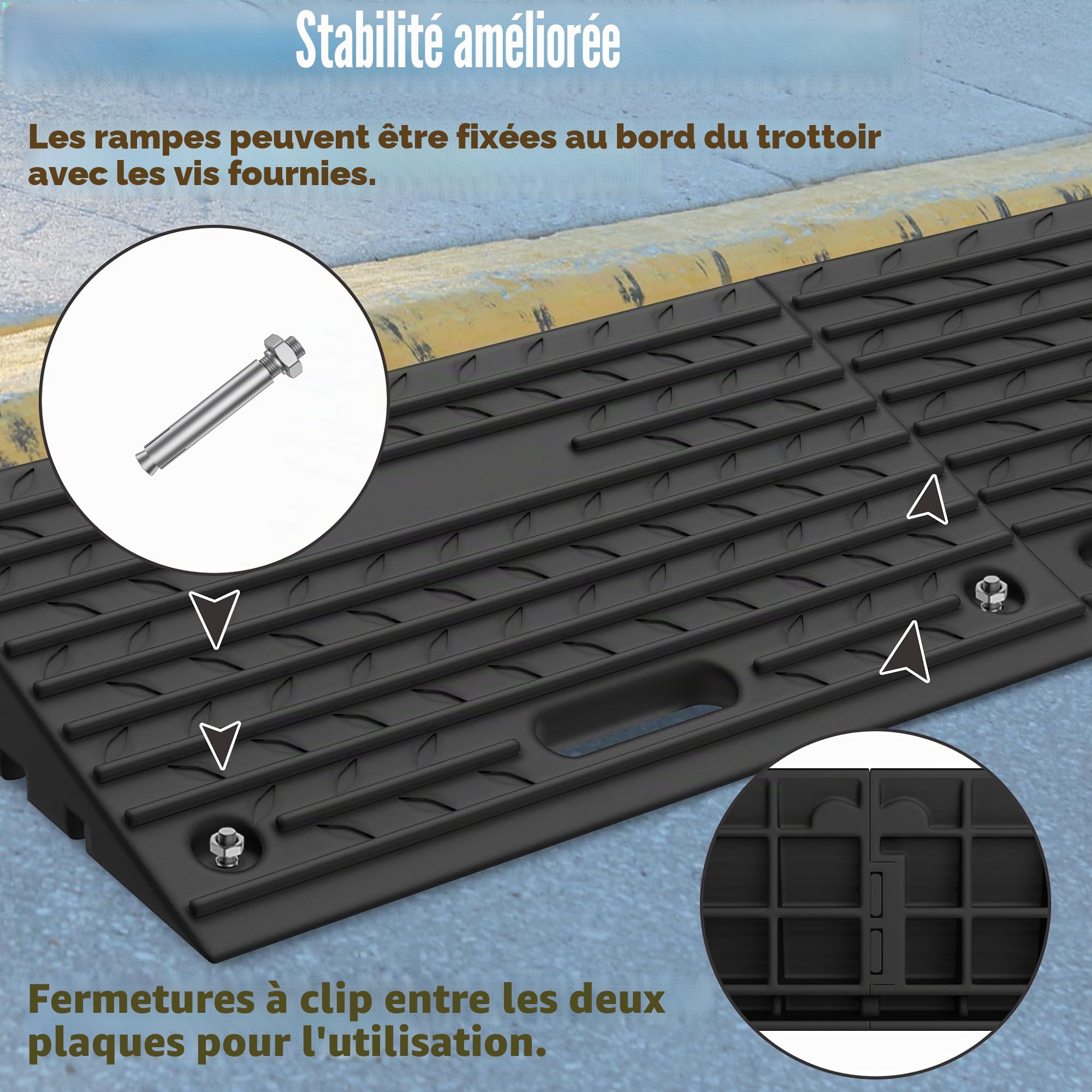 UISEBRT Lot de 2 rampes de trottoir en caoutchouc pour bordures, allées, garages, rampes de seuil de porte robustes, avec fonction portable, antidérapantes et résistantes aux intempéries, noir, 53 x