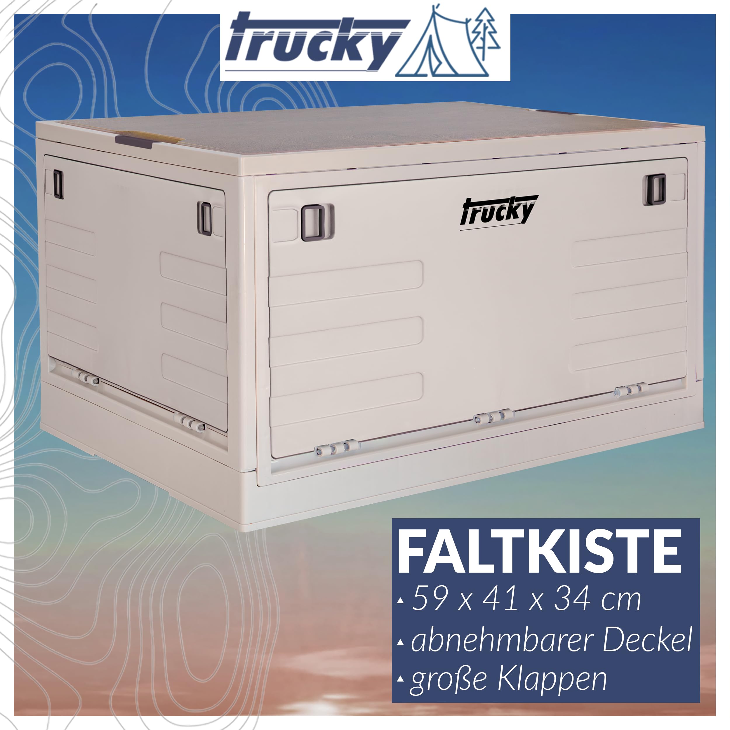 Trucky Scatola portaoggetti con coperchio, 75 l, 58 x 40 x 33 cm, da campeggio, pieghevole, con coperchio, colore beige