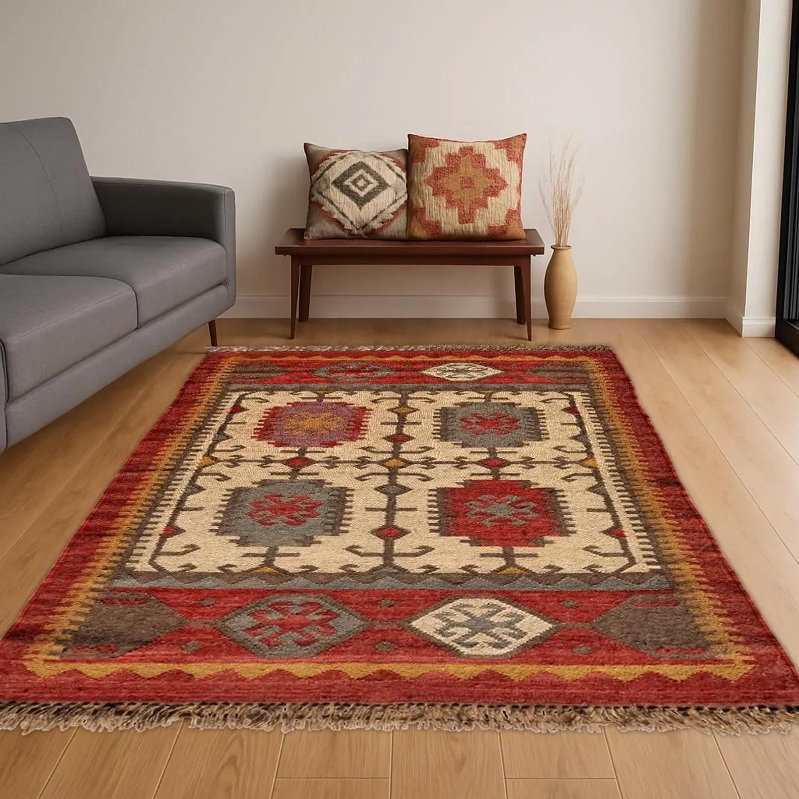 Ręcznie tkany dywan z juty w stylu boho, prostokątny, rustykalny wygląd, do salonu, sypialni, kuchni (VP217WJ) 60 x 90 cm