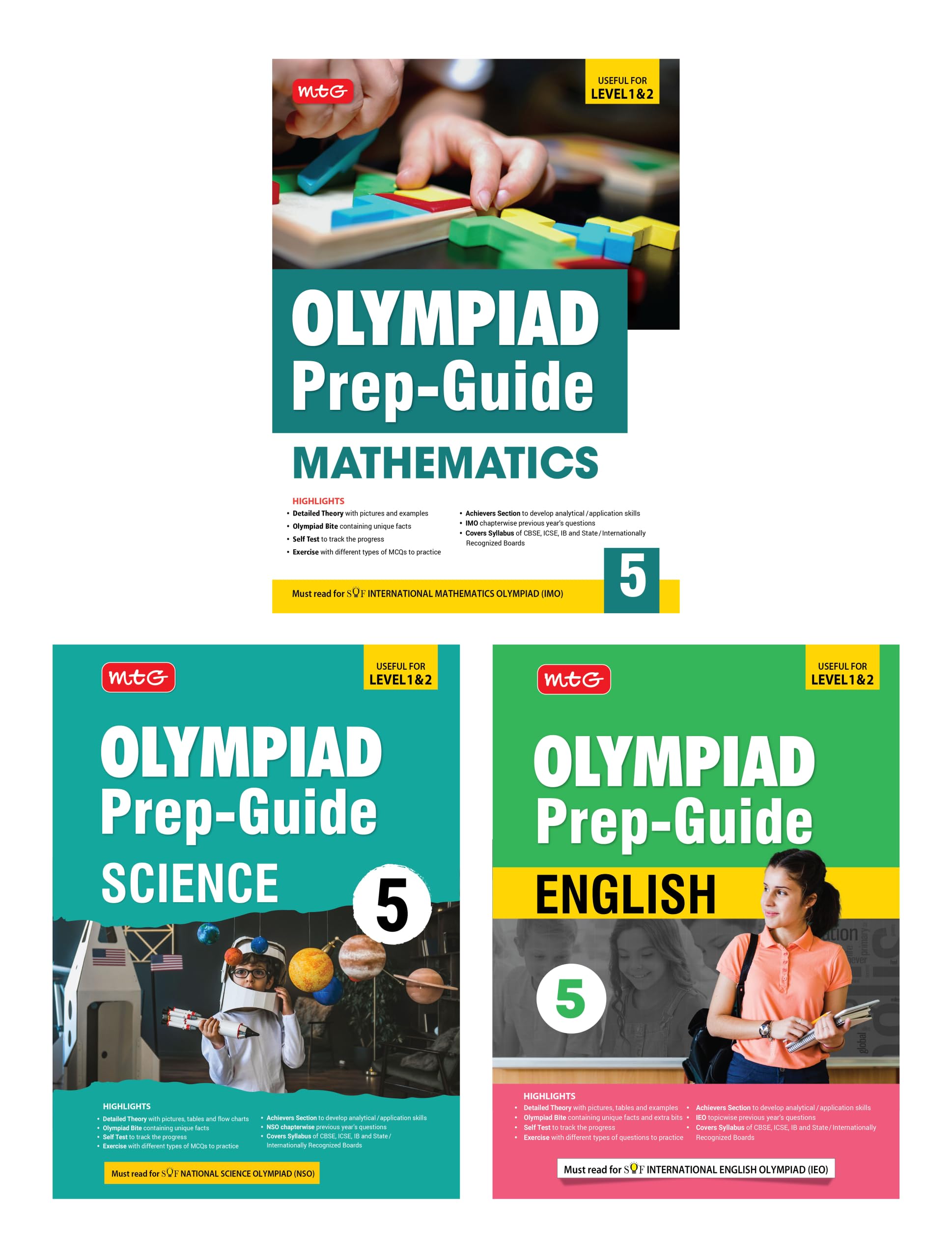 MTG Olympiad Prep-Guide Class-5 Mathematics, Science & English (Set of 3 Books) - Detailed Theory, Self Test with IMO-NSO-IEO Chapterwise Previous Year Question Paper For SOF 2024-25 Exam