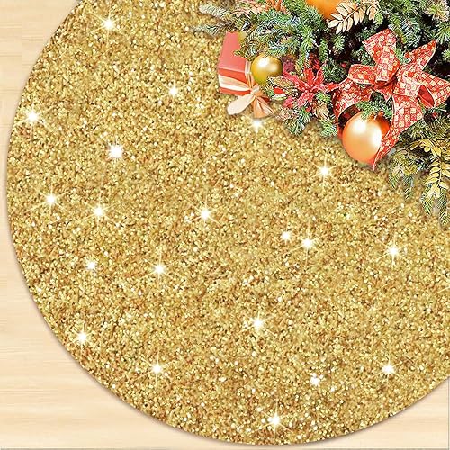 Miniatura 1 de ROMANKAS Falda de árbol de Navidad con purpurina, falda de árbol de lentejuelas doradas de 21 pulgadas, mini alfombrilla de terciopelo para árbol de