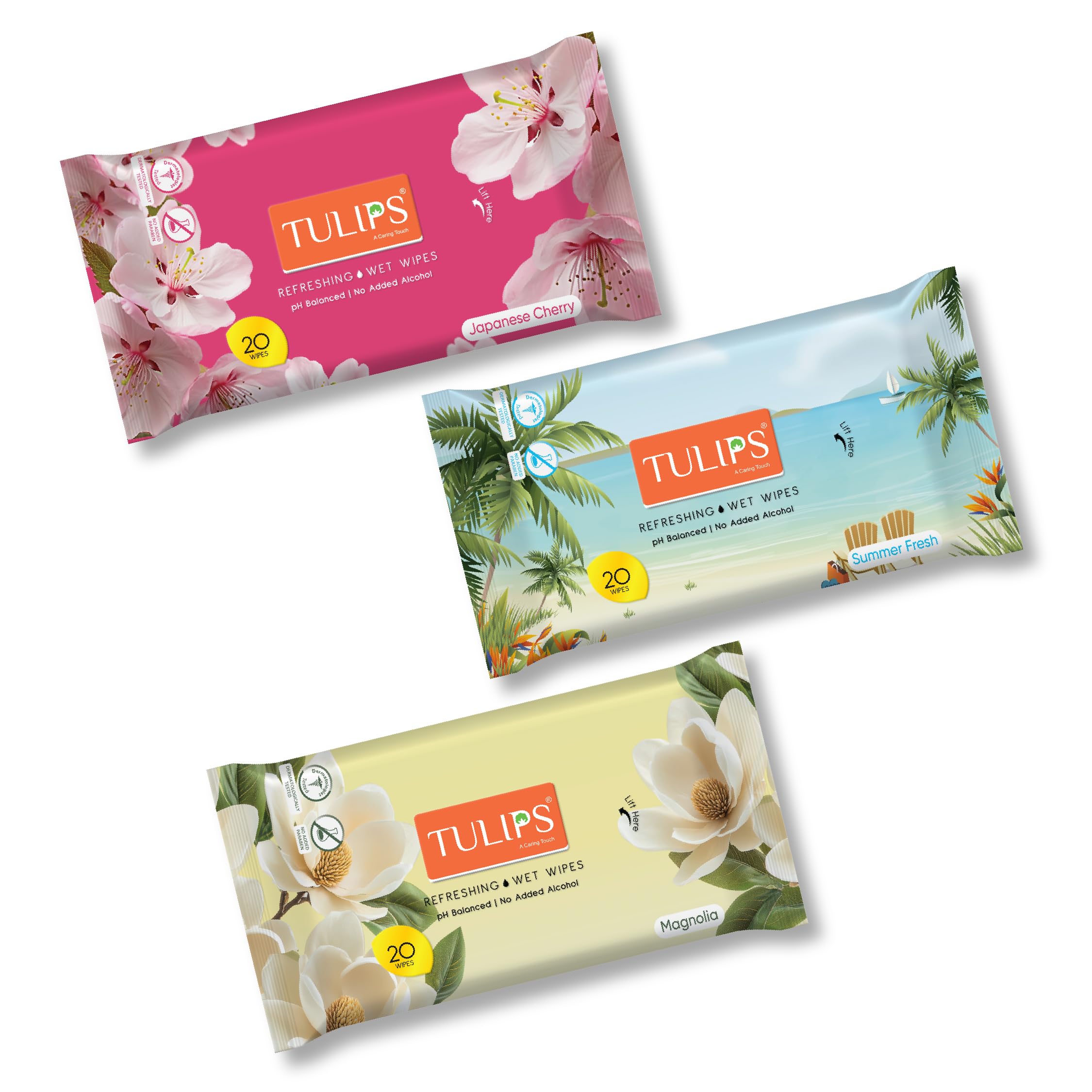 Tulips Refreshing Wet Wipes With Different Fragrances- Pack of 3 (20 Wipes Each) (Japanese Cherry/Magnolia & Summer Fresh-picture-39
