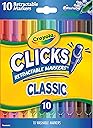 Crayola Clicks Retractable Tip Markers (10ct), Stocking Stuffers for Kids & Toddlers, Cone Tip Washable Art Marker Set, Coloring Book Supplies, No Dry, 3+