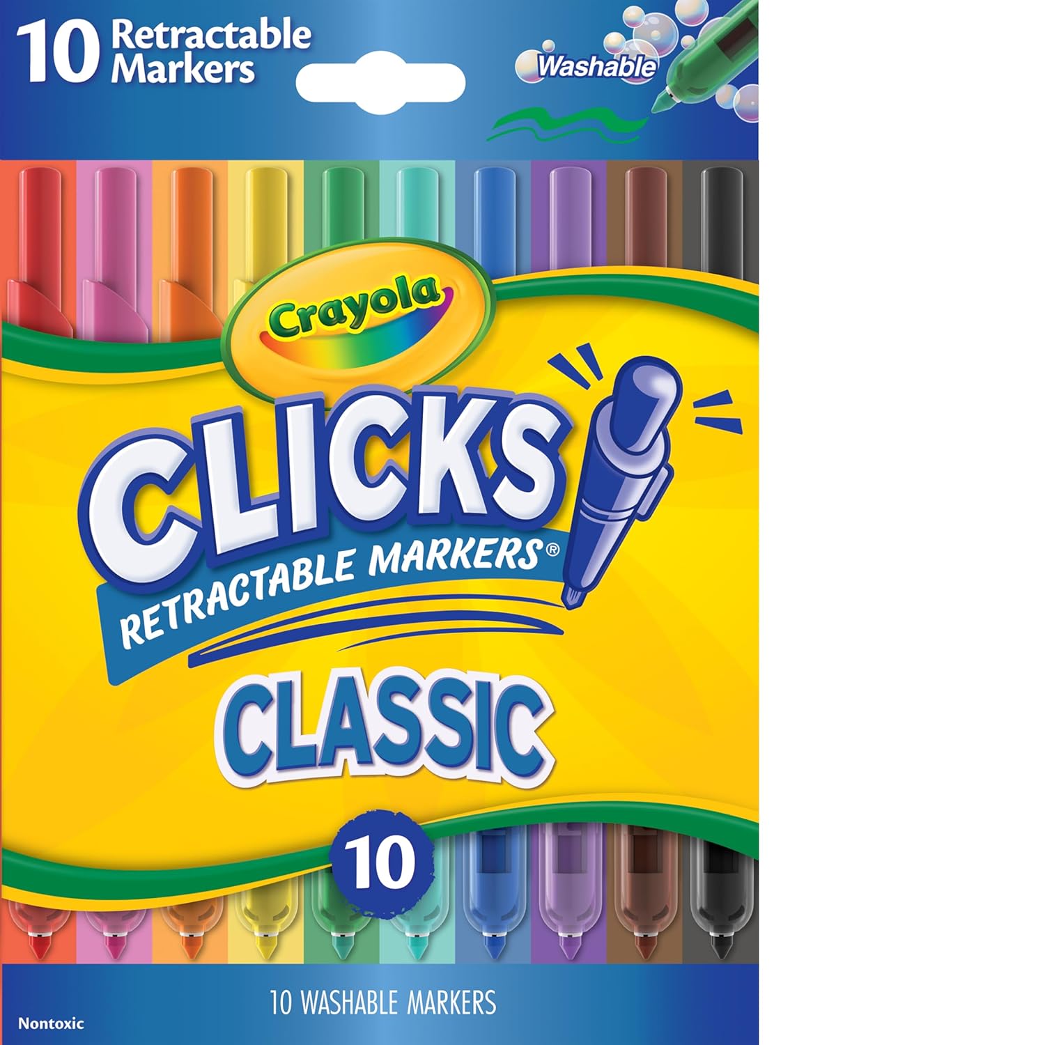 Crayola Clicks Retractable Tip Markers (10ct), Stocking Stuffers for Kids & Toddlers, Cone Tip Washable Art Marker Set, Coloring Book Supplies, No Dry, 3+