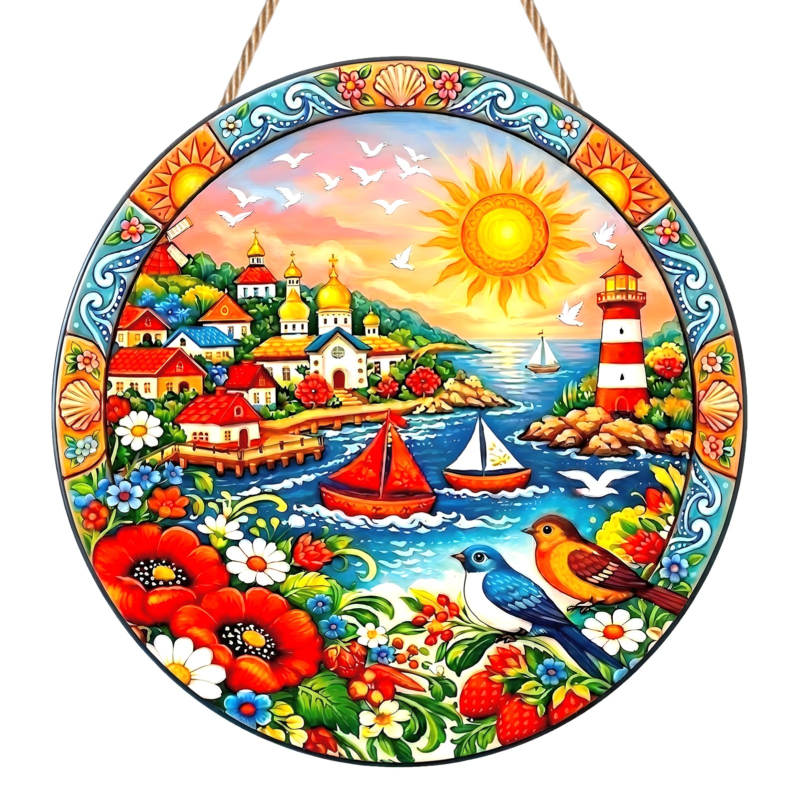Seascape Suncatchers for Windows, Stained Glass Sun Catchers for Windows, Acrylic Seaside Sun Catchers with Cord, Window Hanging Decor for Home, Garden, Patio, Doorway & Balcony