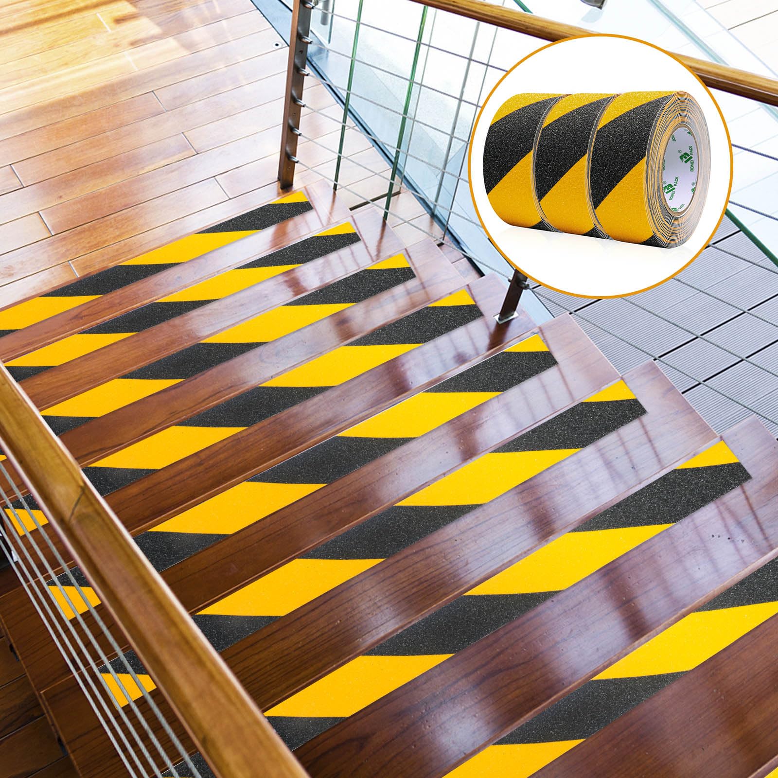 BOMEI PACK Lot de 3 rouleaux de ruban adhésif antidérapant Jaune et noir 50 mm x 10 m Haute adhérence forte adhérence pour marches d'escalier