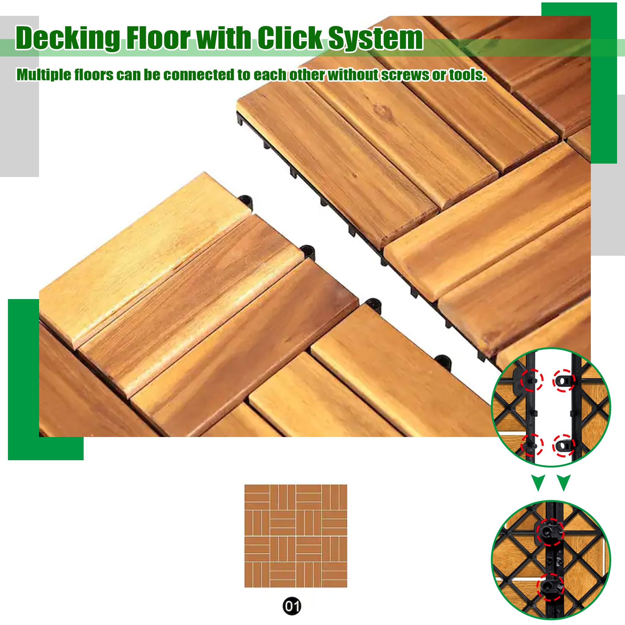 Baldosas de Madera de Acacia para Terraza 30x30cm Losetas Placas con Red de Drenaje de Plástico Resistentes a Intemperie Juego de 11 Revestimientos para Suelo de 1m² Exterior Balcón (Tipo B)