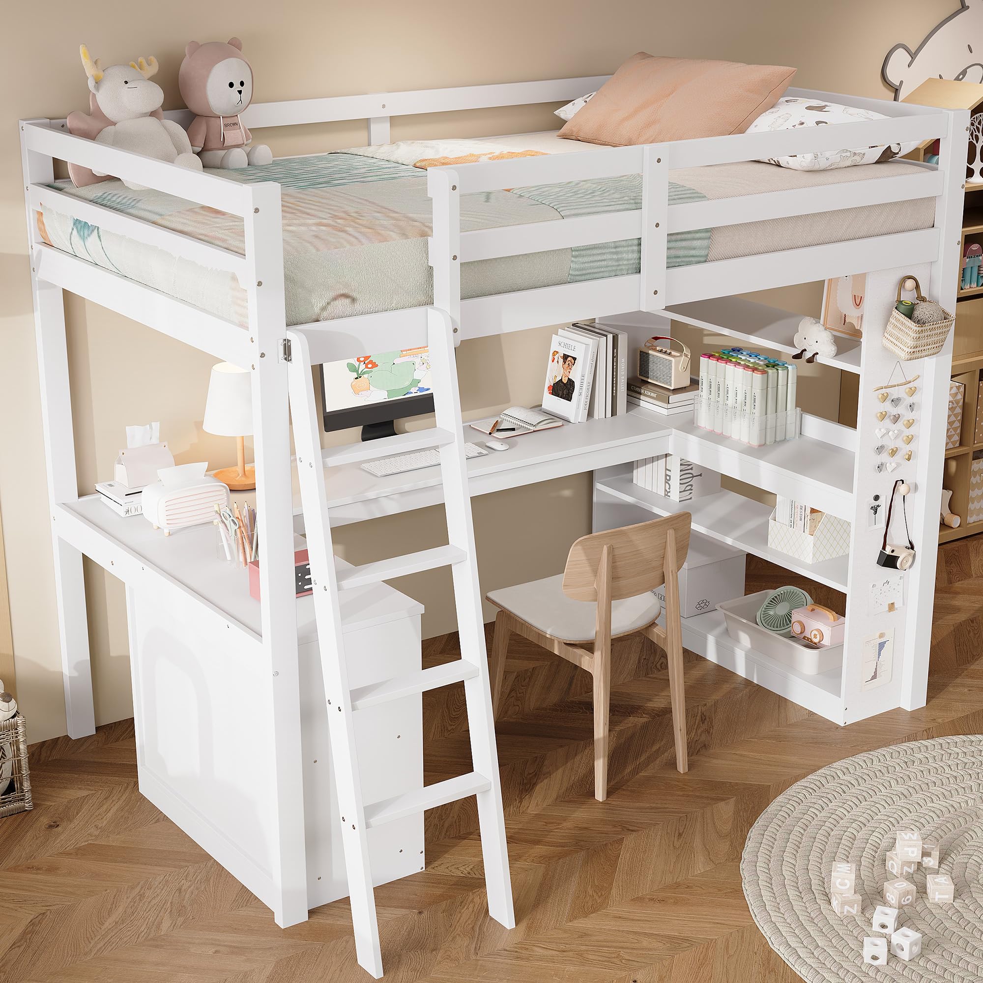 SUKY Cama Alta 90x200 cm con Estante de Almacenamiento y Barandilla de Seguridad