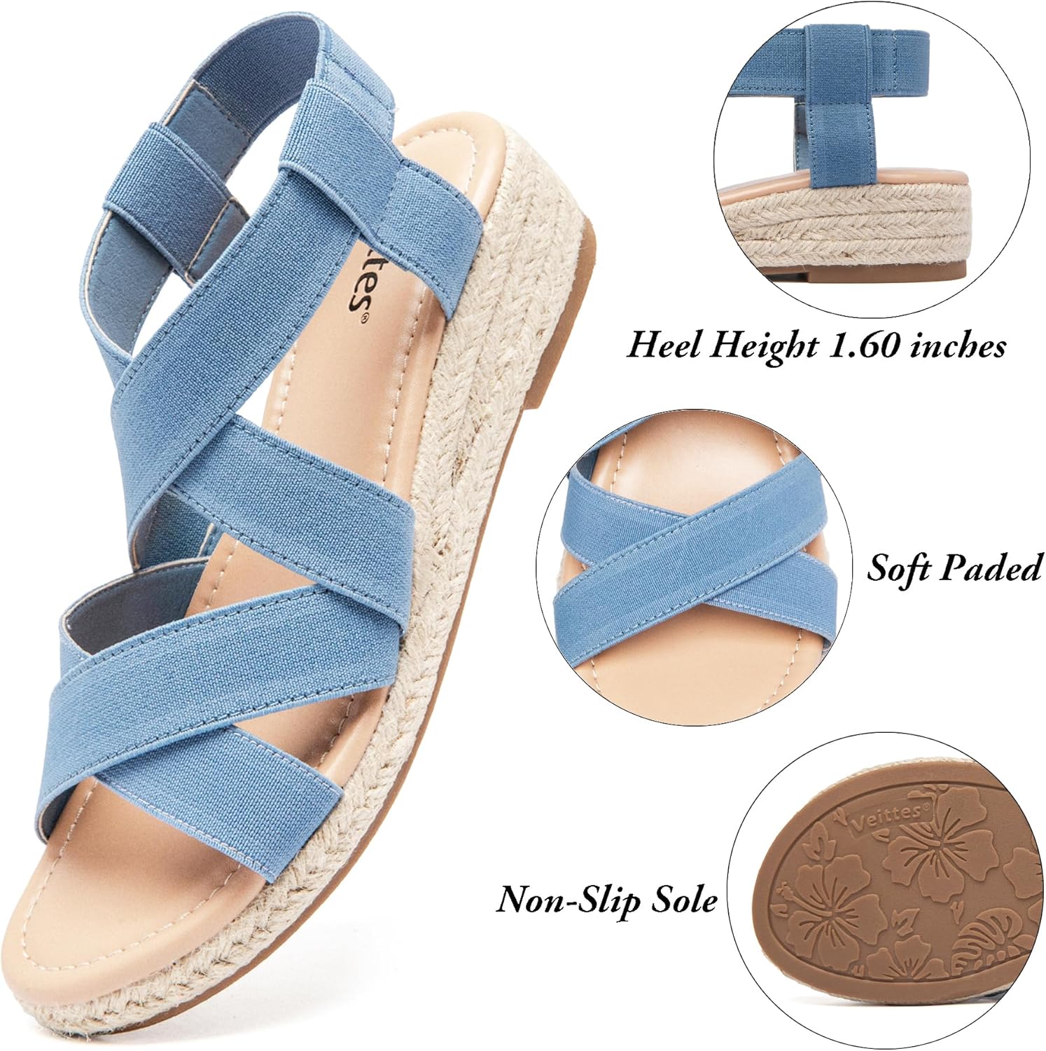 Veittes Women's Platform Wedge Heel Sandals - Open-Toe Adjustable Elastic Strappy, lightweight Rubber Sole, Comfortable Insole, Casual Summer Strappy Sandals. - Image 4