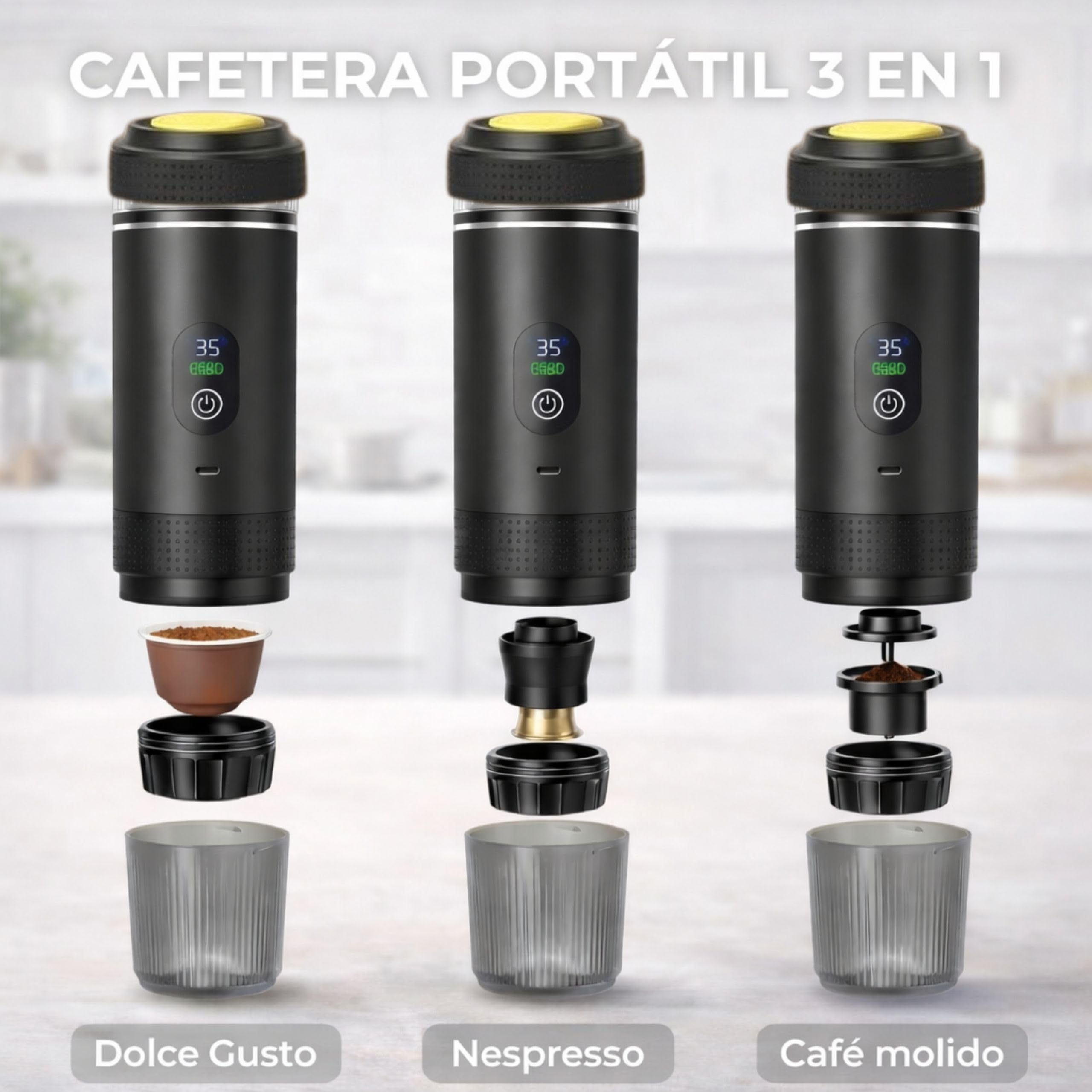 Cafetera Portatil Capsulas compatible con Nespresso Dolce Gusto y Café Molido - Versión Mejorada 2026 - Coffe Machine - Maquina de Cafe Portátil Cápsulas Universal Con Pantalla LED y Más Capacidad