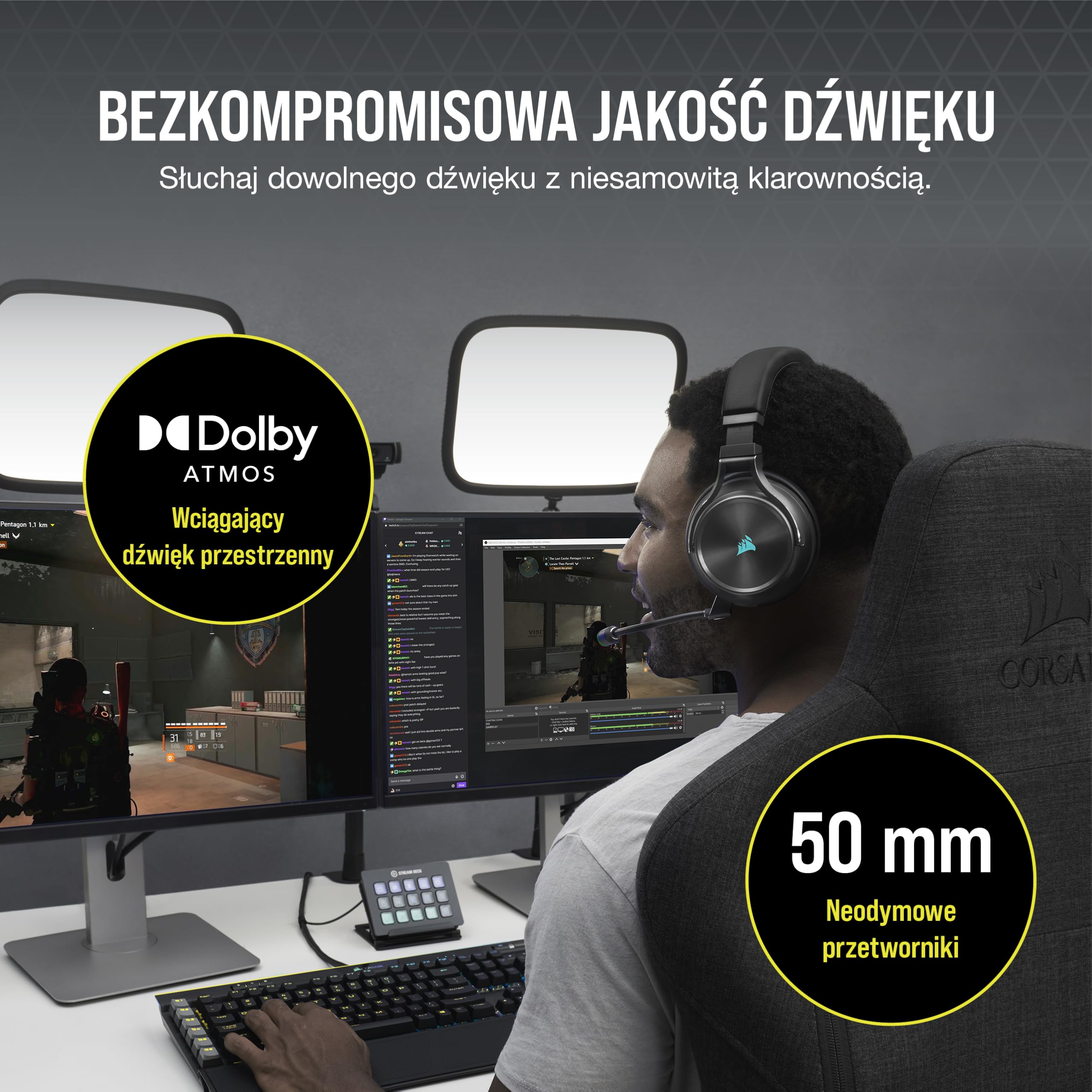 CORSAIR VIRTUOSO RGB WIRELESS XT Wieloplatformowy zestaw Bluetooth słuchawkowy, Dolby Atmos, mikrofon wysokiej jakości, kompatybilny z iCUE - PC, Mac, PS5, PS4, Nintendo Switch, mobilny - Czarny