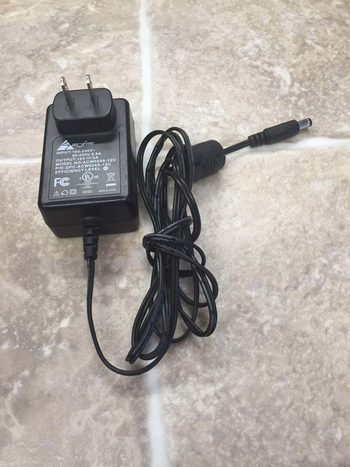 Genuine Sunfone ACW024A-12U AC Adapter P/N:GPC-ACW024A-12U thick round barrel as pictured