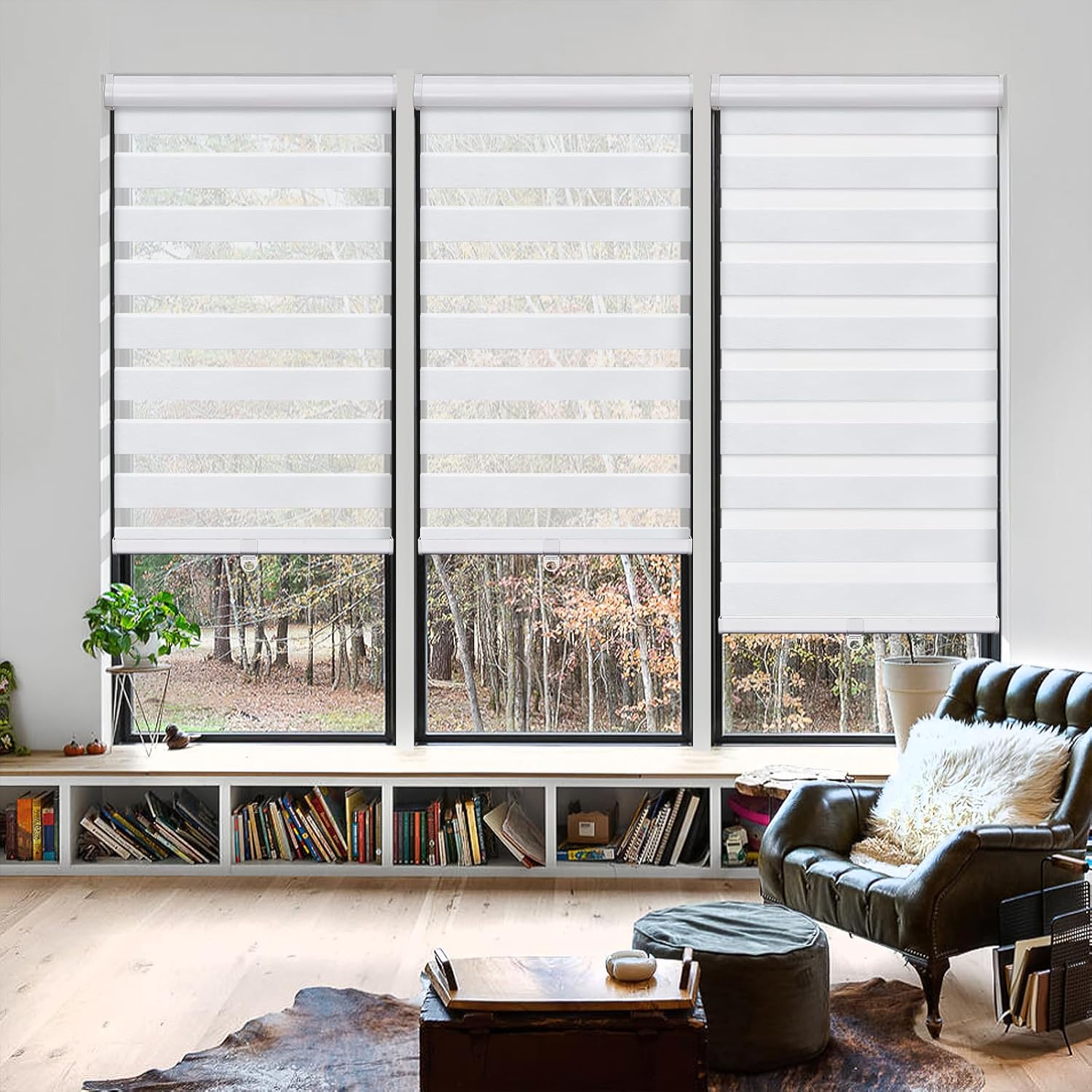 Keego Zebra Windw Blinds Cordless Window Shades Custom Size Zebra Shades Dual Layer Privacy Light Control Easy to Install Zebra Blinds for Windows (White, 69" W x 36" H)
