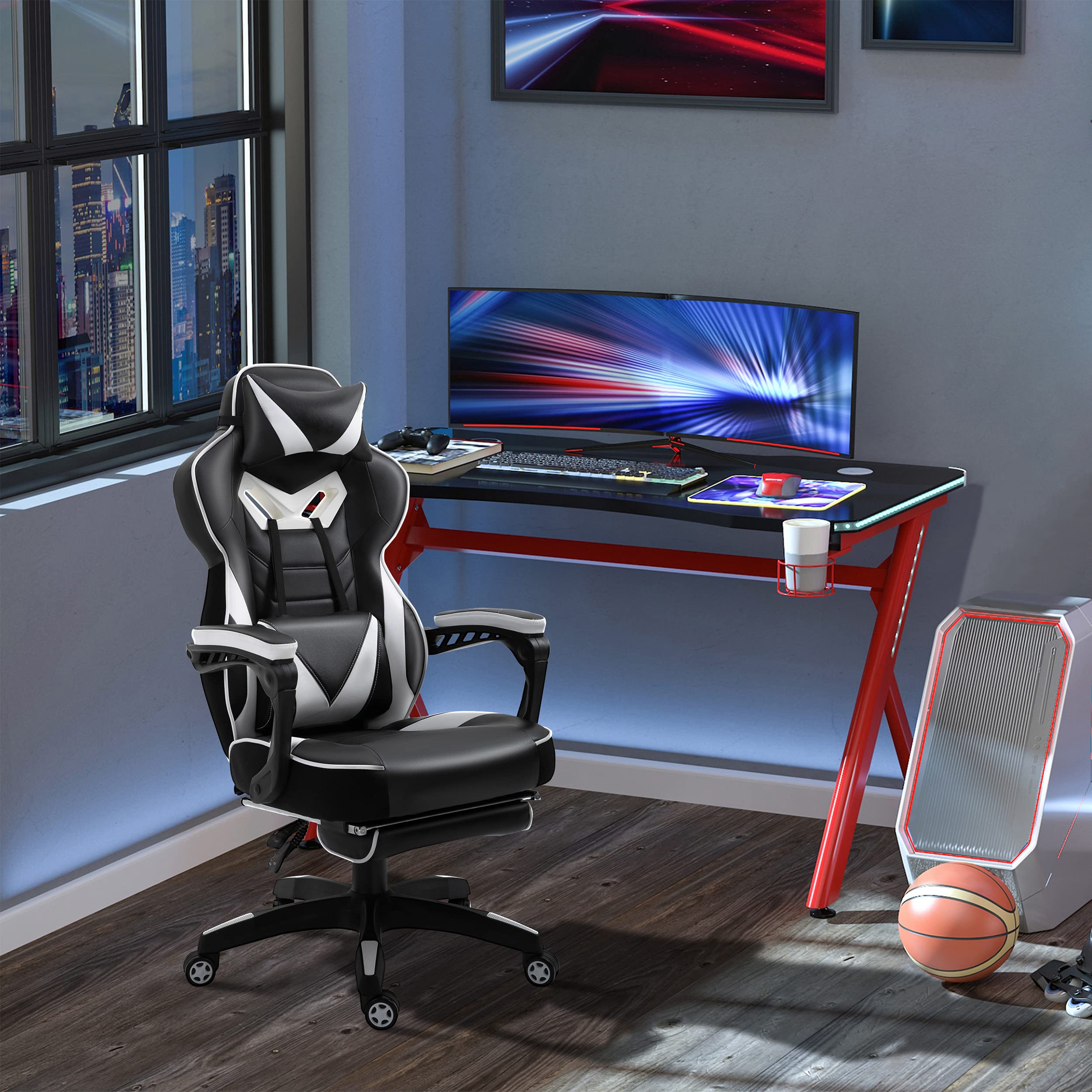 Vinsetto Silla Gaming Regulable en Altura 65x70x118,5-128,5 cm Blanco | Ergonómica, Silla de Escritorio de Oficina, Respaldo Reclinable, Reposapiés, Reposacabezas, Cojín Lumbar, Ruedas