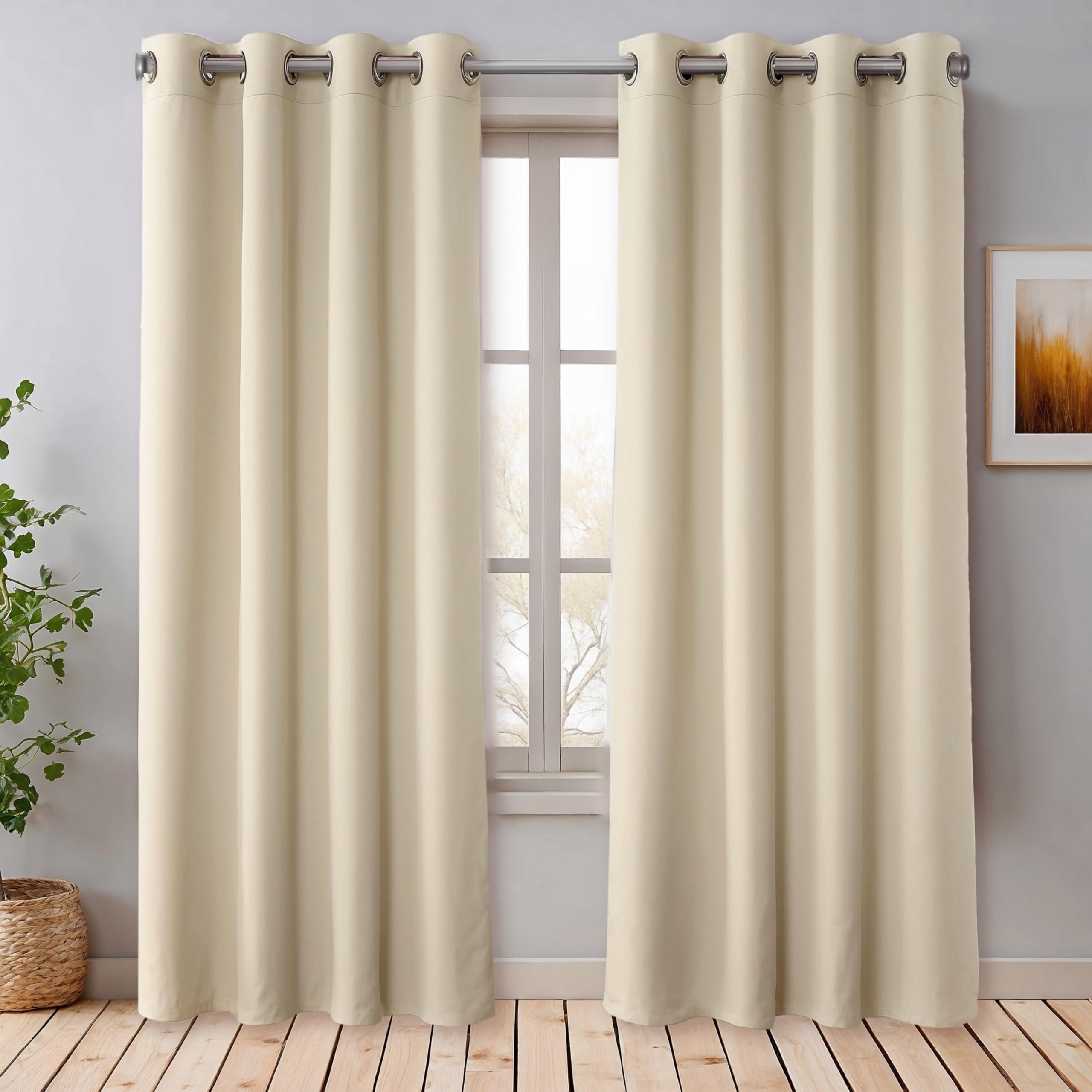 Praktisches Set ohne Bohren: 2x Vorhang + 1x Klemmstange silber 70-120 cm + 2x Raffhalter mit Magnet blickdicht & verdunkelnd, als Raumteiler, Fenster & Tür Beige Thermovorhang 220x135cm